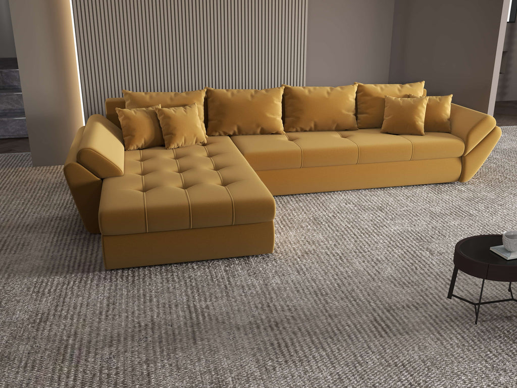 Colțar extensibil dumonde cu ladă de depozitare si sezut confortabil din spuma high-density, Loana XL Royal Mustar 335x185 cm