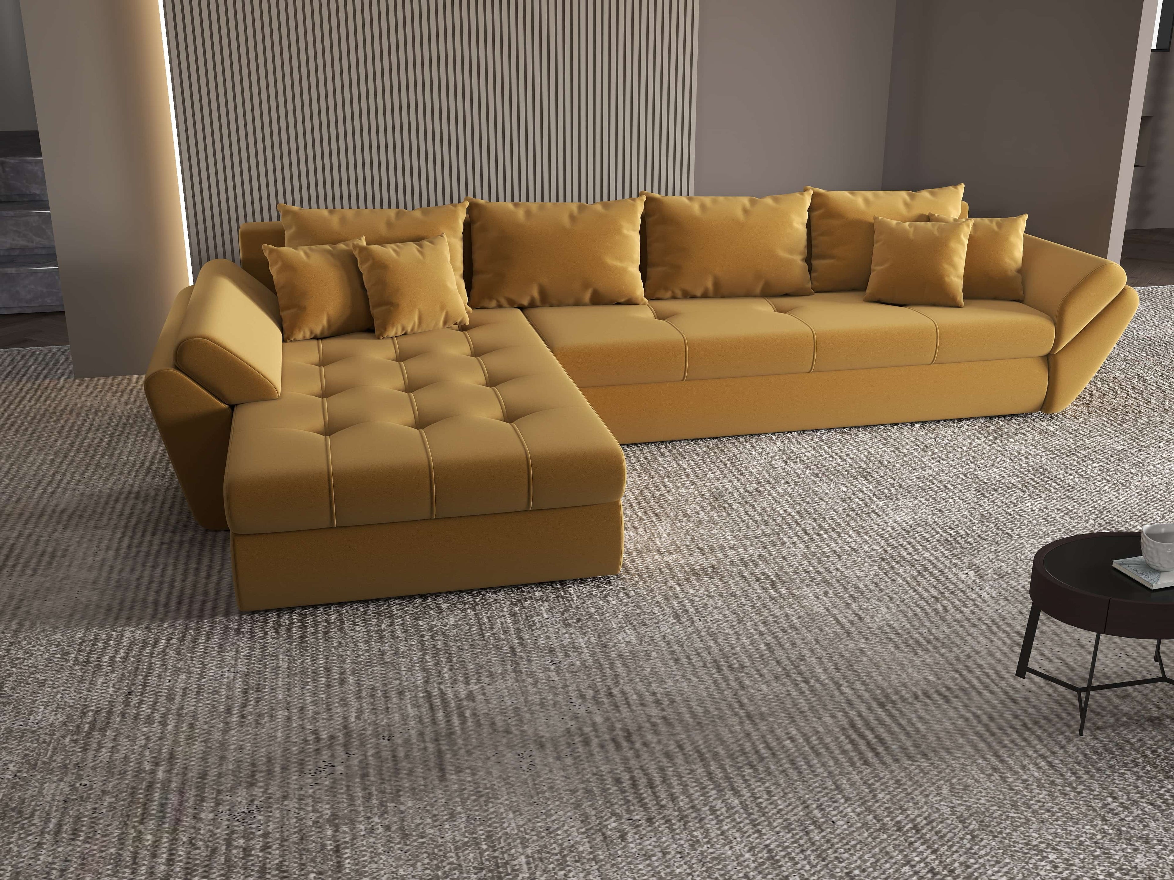 Colțar extensibil dumonde cu ladă de depozitare si sezut confortabil din spuma high-density, Loana XL Royal Mustar 335x185 cm