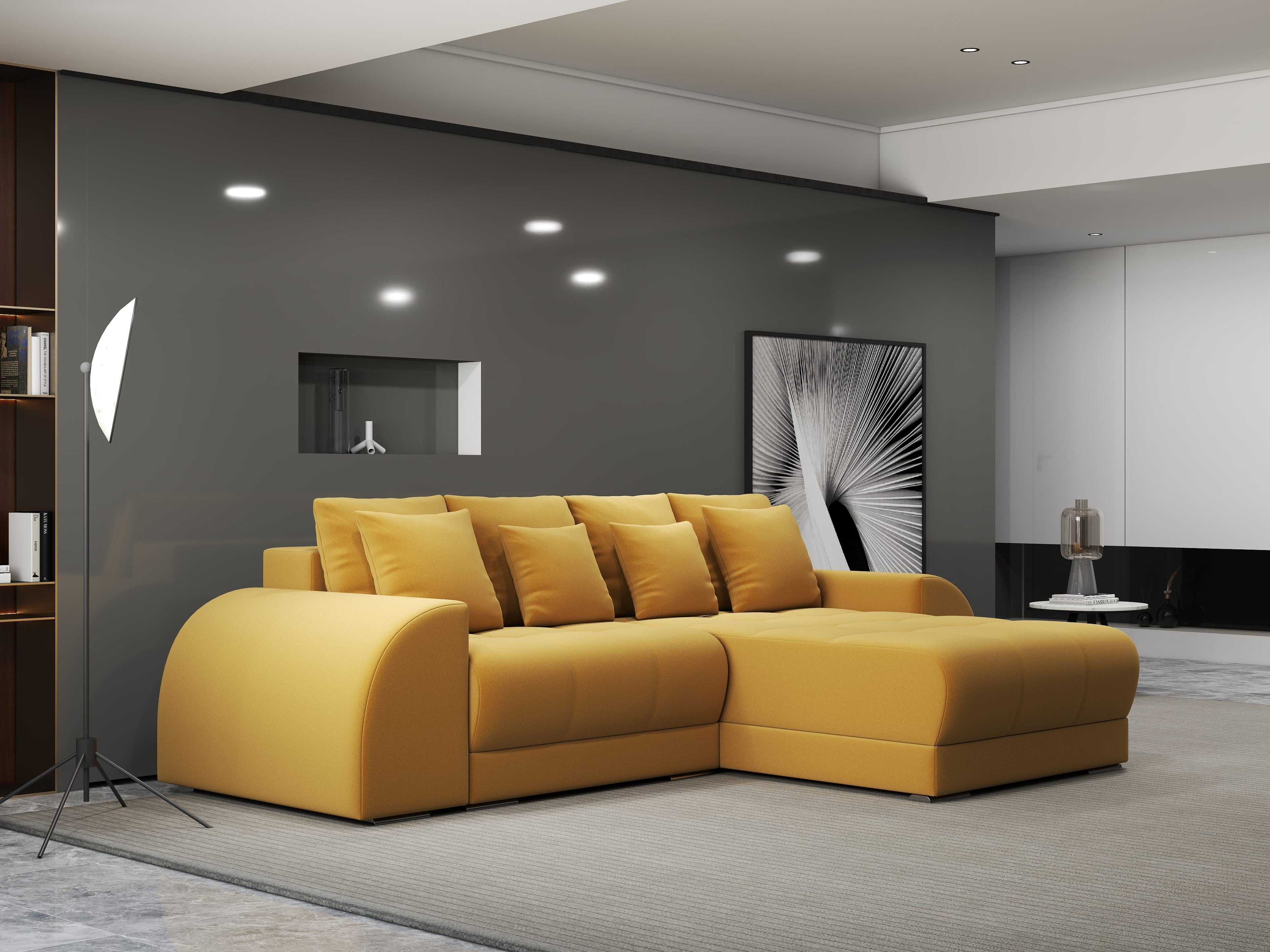 Colțar extensibil dumonde cu ladă de depozitare si sezut confortabil din spuma high-density, Verona Royal Mustar II 290x185 cm