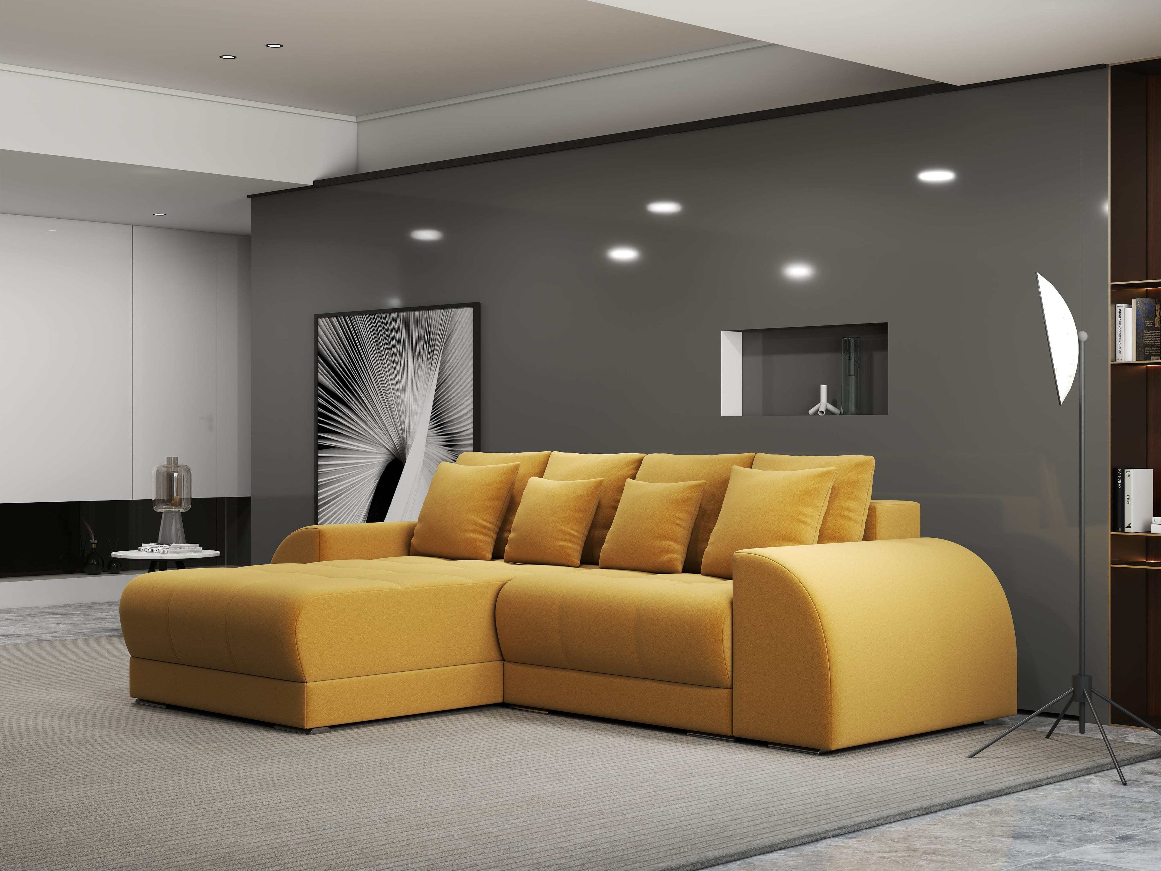 Colțar extensibil dumonde cu ladă de depozitare si sezut confortabil din spuma high-density, Verona Royal Mustar 290x185 cm