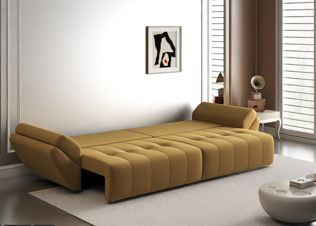 Canapea extensibilă dumonde cu ladă de depozitare si sezut confortabil din spuma high-density, Berlin Royal Mustar 300x100 cm