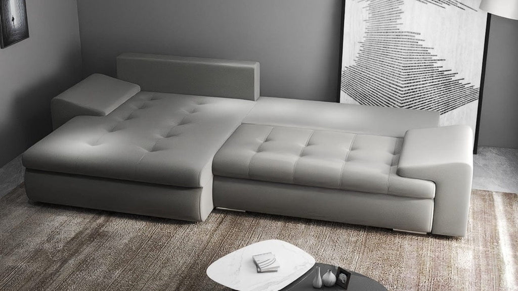 Colțar extensibil dumonde cu ladă de depozitare si sezut confortabil din spuma high-density, Leonardo Royal Gri 260x185 cm