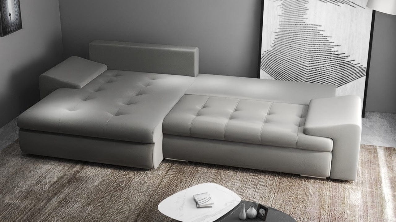 Colțar extensibil dumonde cu ladă de depozitare si sezut confortabil din spuma high-density, Leonardo Royal Gri 260x185 cm