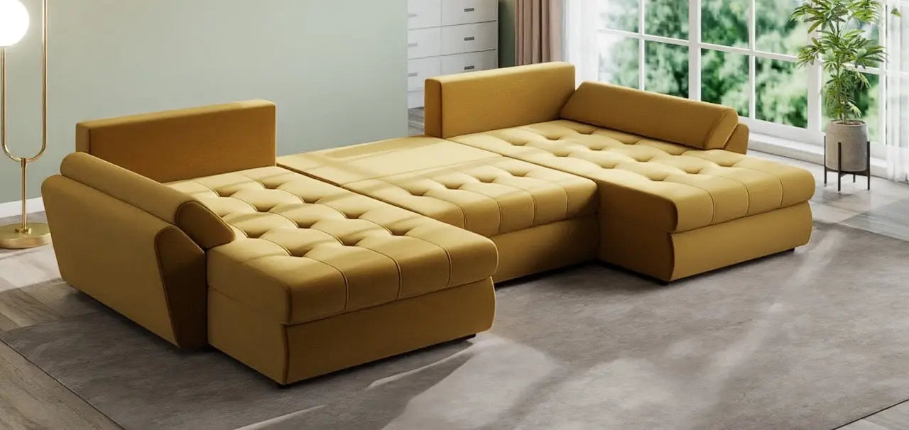 Colțar extensibil dumonde cu ladă de depozitare si sezut confortabil din spuma high-density, Loana U Royal Mustar 355x185 cm