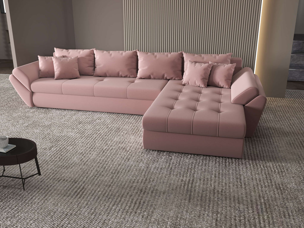 Colțar extensibil dumonde cu ladă de depozitare si sezut confortabil din spuma high-density, Loana XL Royal Roz II 335x185 cm