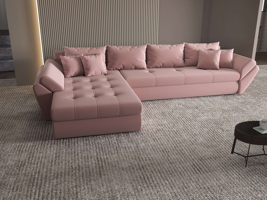 Colțar extensibil dumonde cu ladă de depozitare si sezut confortabil din spuma high-density, Loana XL Royal Roz 335x185 cm