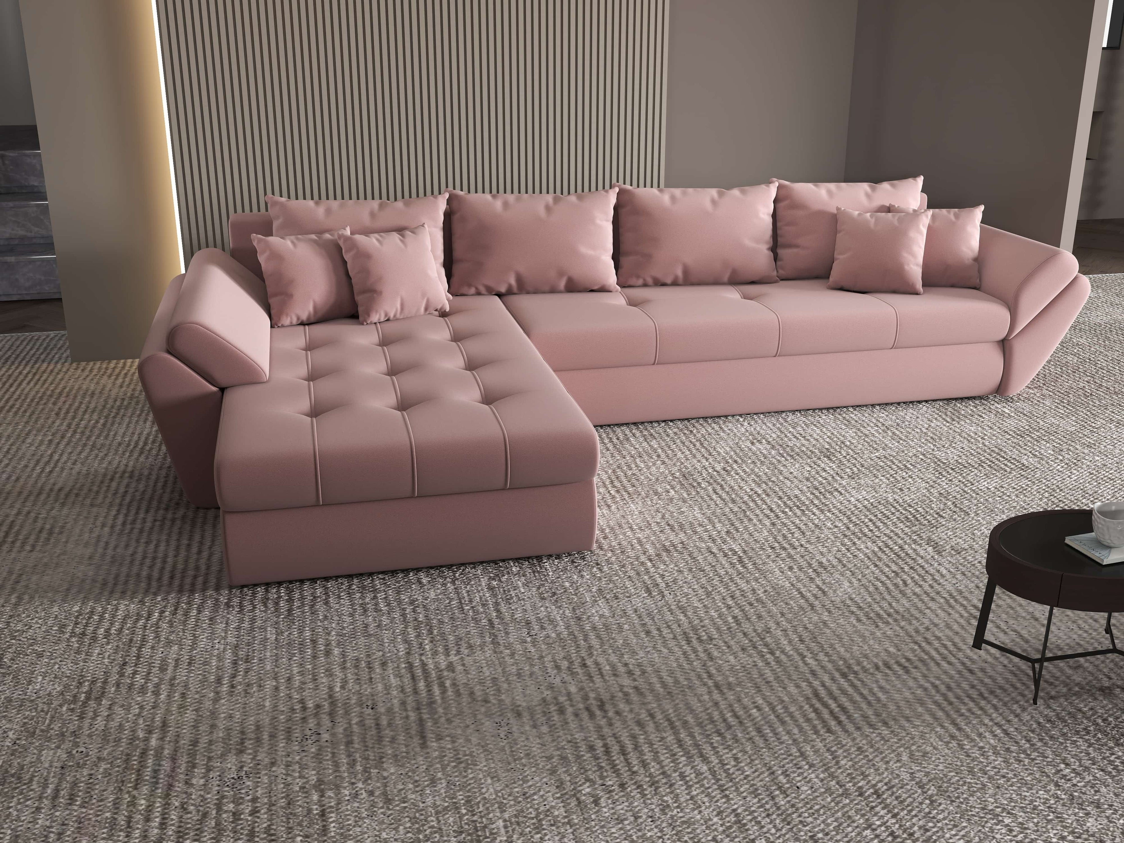 Colțar extensibil dumonde cu ladă de depozitare si sezut confortabil din spuma high-density, Loana XL Royal Roz 335x185 cm