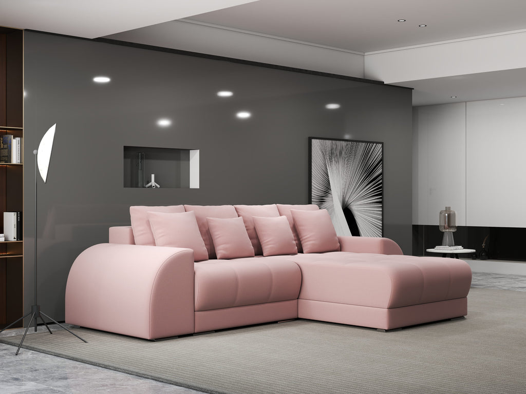 Colțar extensibil dumonde cu ladă de depozitare si sezut confortabil din spuma high-density, Verona Royal Roz II 290x185 cm