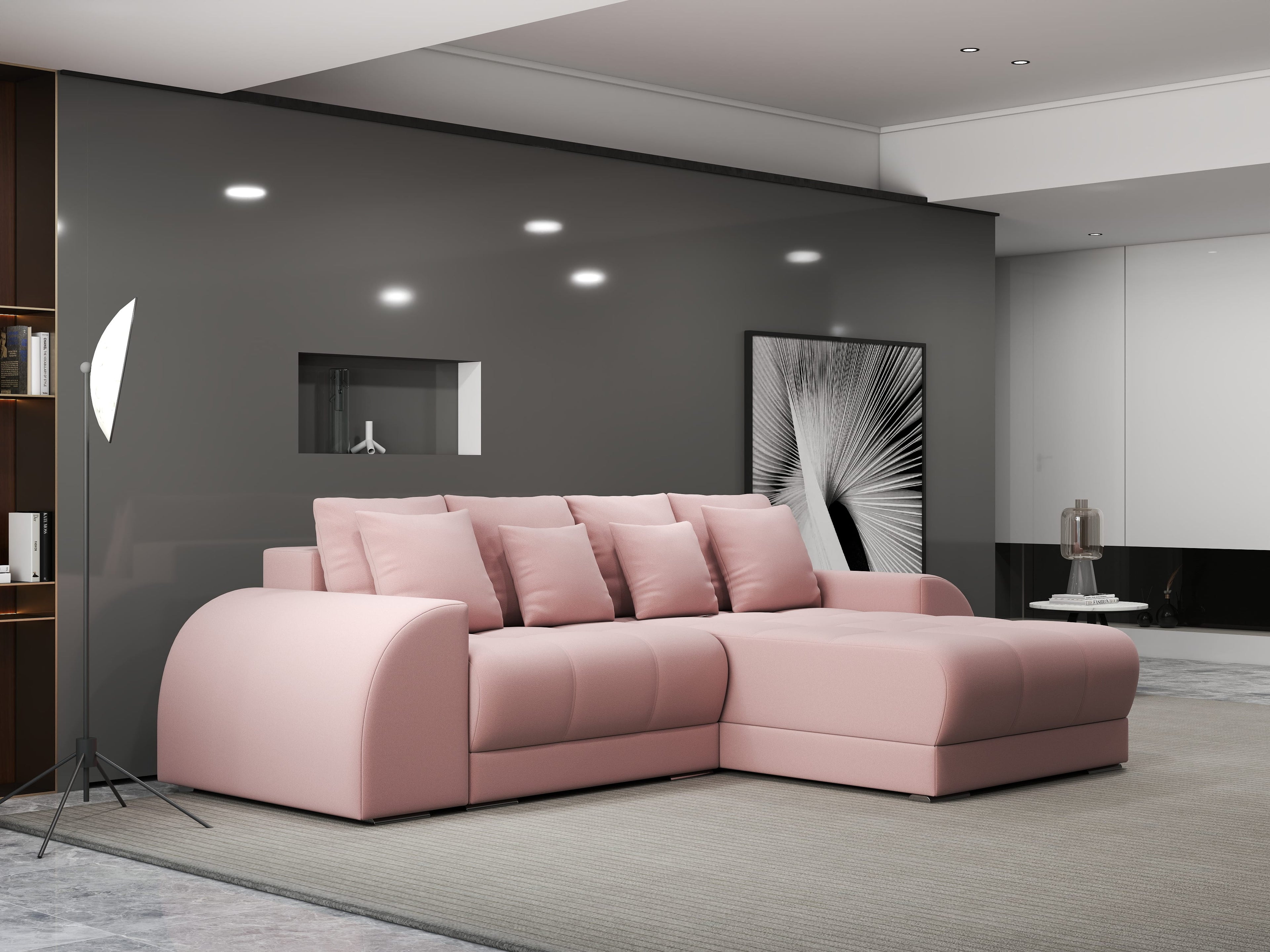Colțar extensibil dumonde cu ladă de depozitare si sezut confortabil din spuma high-density, Verona Royal Roz II 290x185 cm