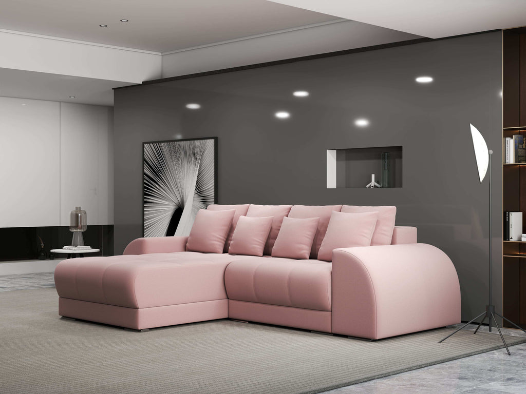 Colțar extensibil dumonde cu ladă de depozitare si sezut confortabil din spuma high-density, Verona Royal Roz 290x185 cm