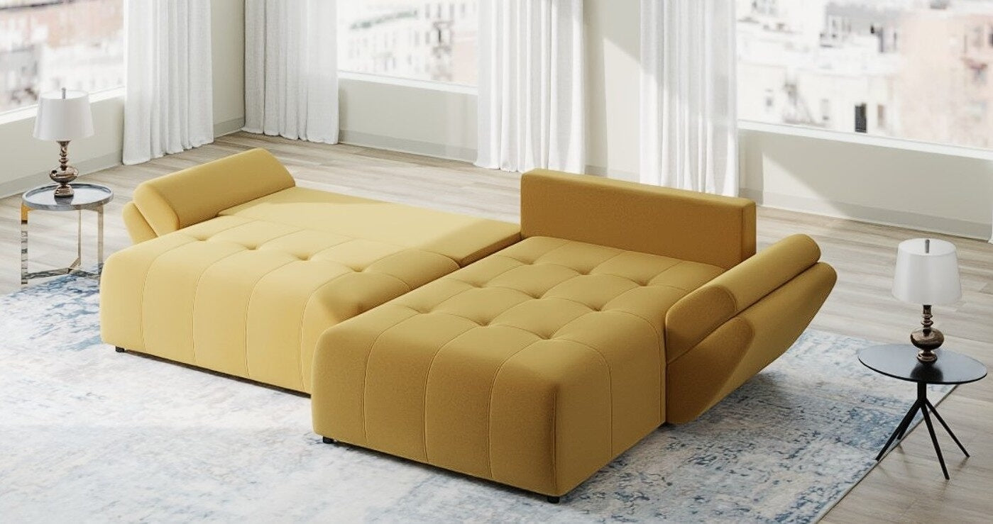 Colțar extensibil dumonde cu ladă de depozitare si sezut confortabil din spuma high-density, Berlin Royal Galben Mustar 280x185 cm II