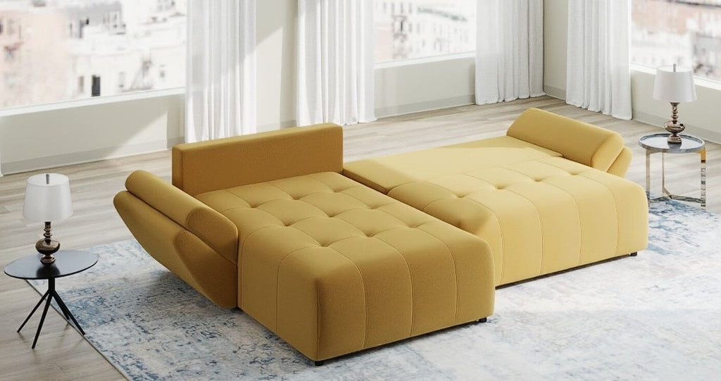 Colțar extensibil dumonde cu ladă de depozitare si sezut confortabil din spuma high-density, Berlin Royal Galben Mustar 280x185 cm