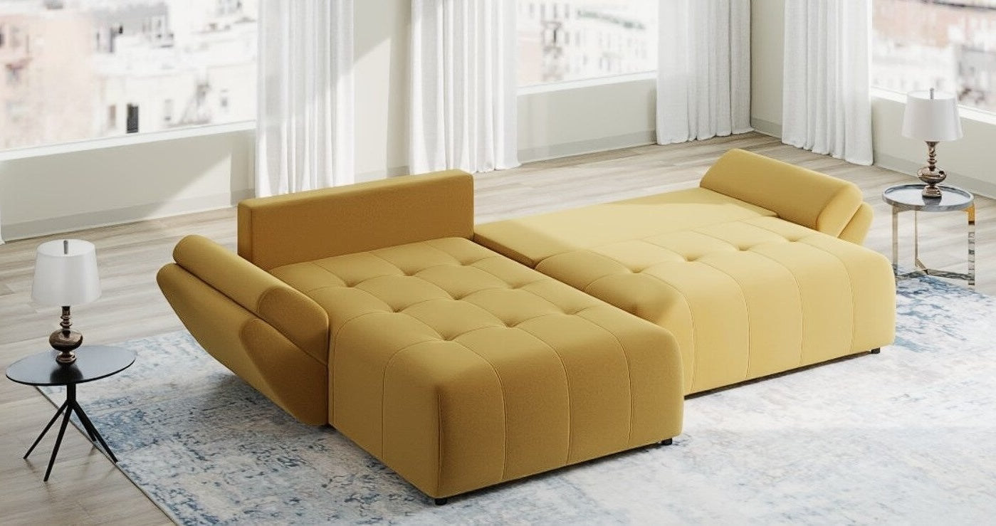 Colțar extensibil dumonde cu ladă de depozitare si sezut confortabil din spuma high-density, Berlin Royal Galben Mustar 280x185 cm