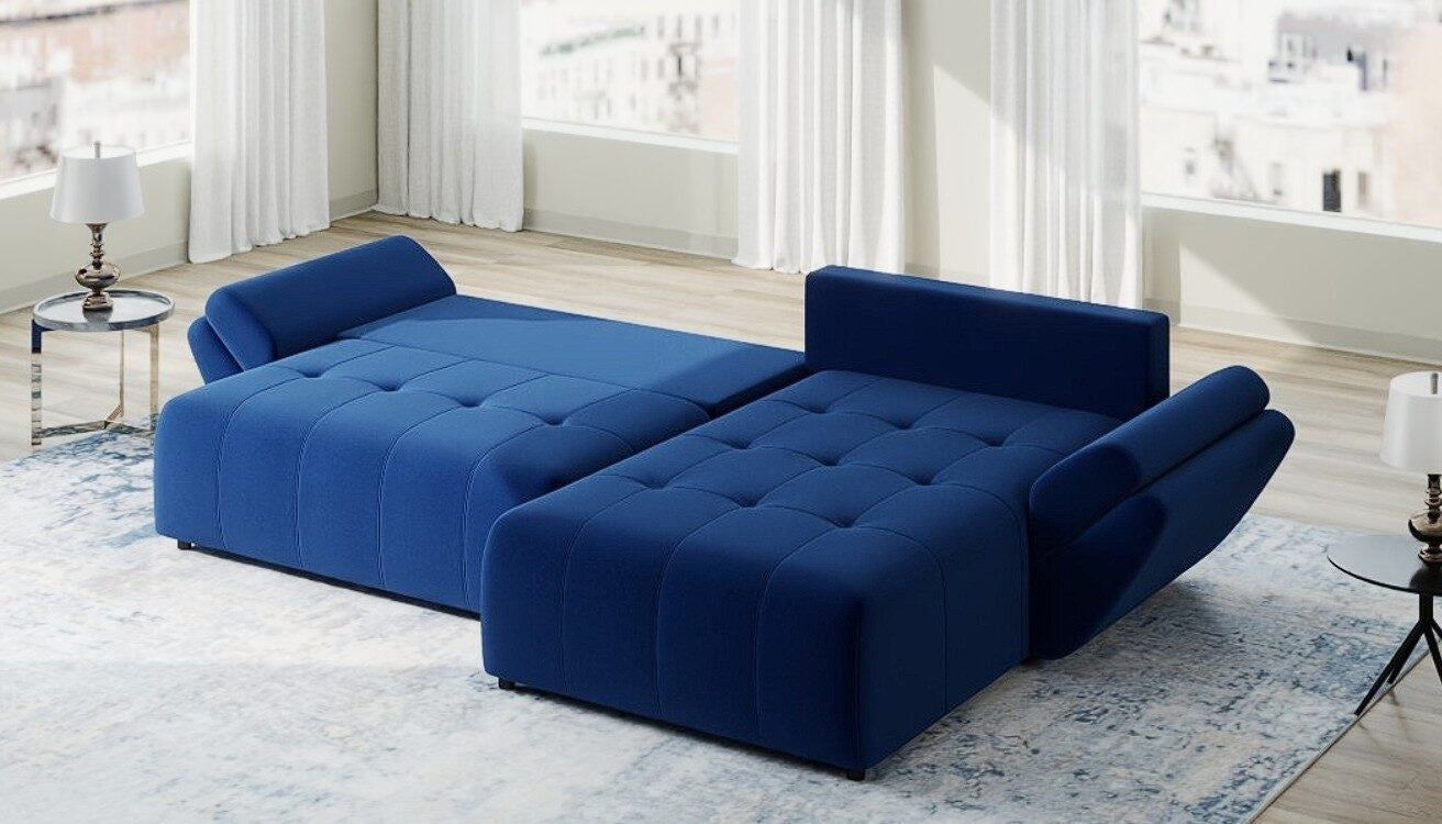 Colțar extensibil dumonde cu ladă de depozitare si sezut confortabil din spuma high-density, Berlin Royal Albastru Navy 280x185 cm II