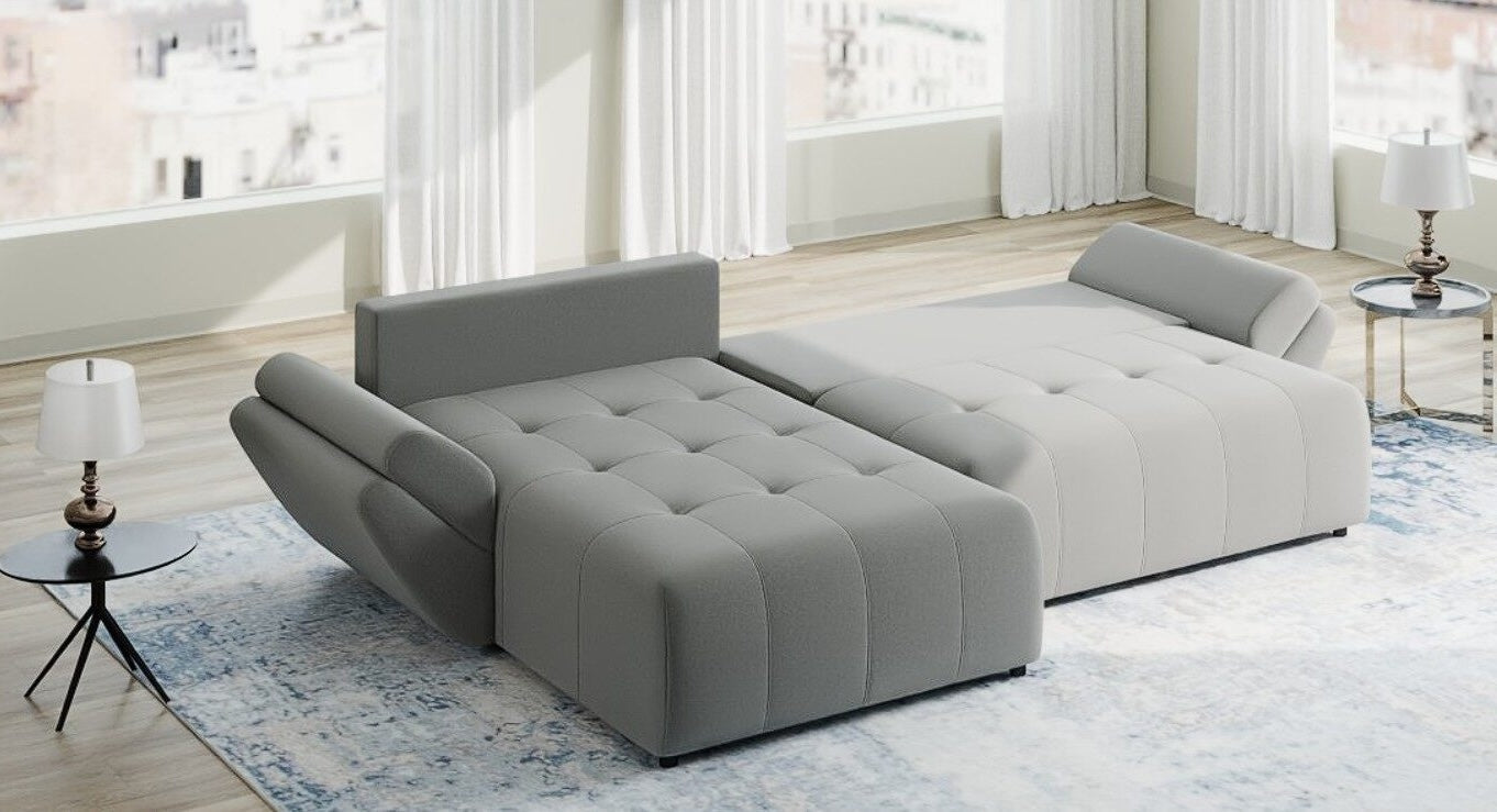 Colțar extensibil dumonde cu ladă de depozitare si sezut confortabil din spuma high-density, Berlin Royal Gri 280x185 cm