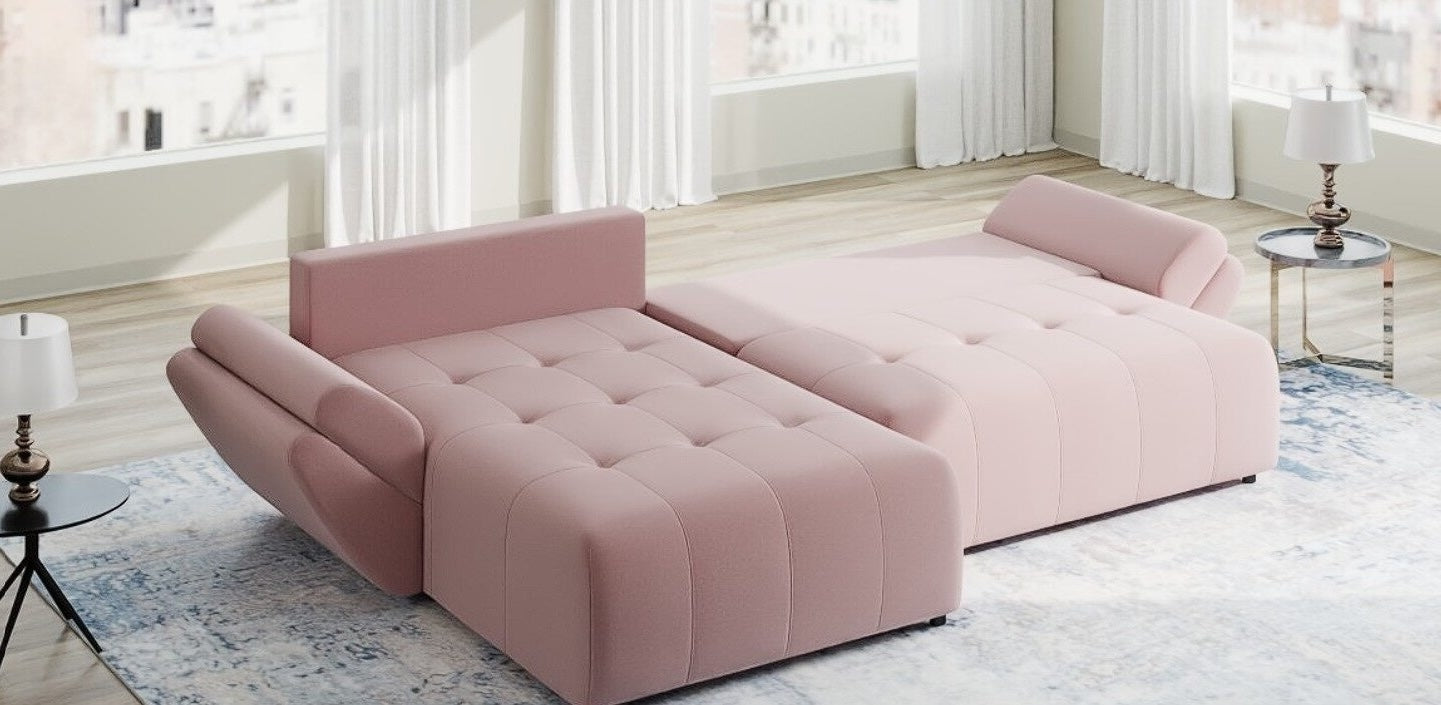 Colțar extensibil dumonde cu ladă de depozitare si sezut confortabil din spuma high-density, Berlin Royal Roz 280x185 cm