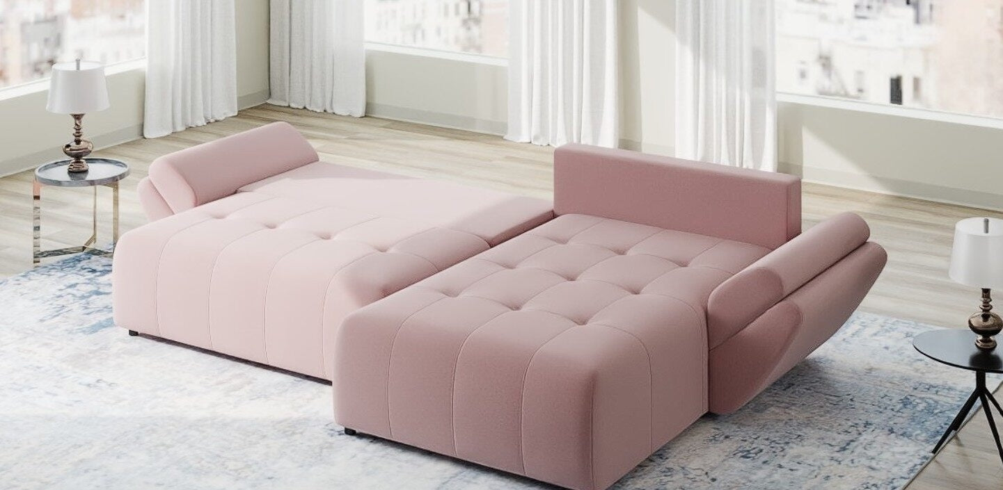 Colțar extensibil dumonde cu ladă de depozitare si sezut confortabil din spuma high-density, Berlin Royal Roz 280x185 cm II