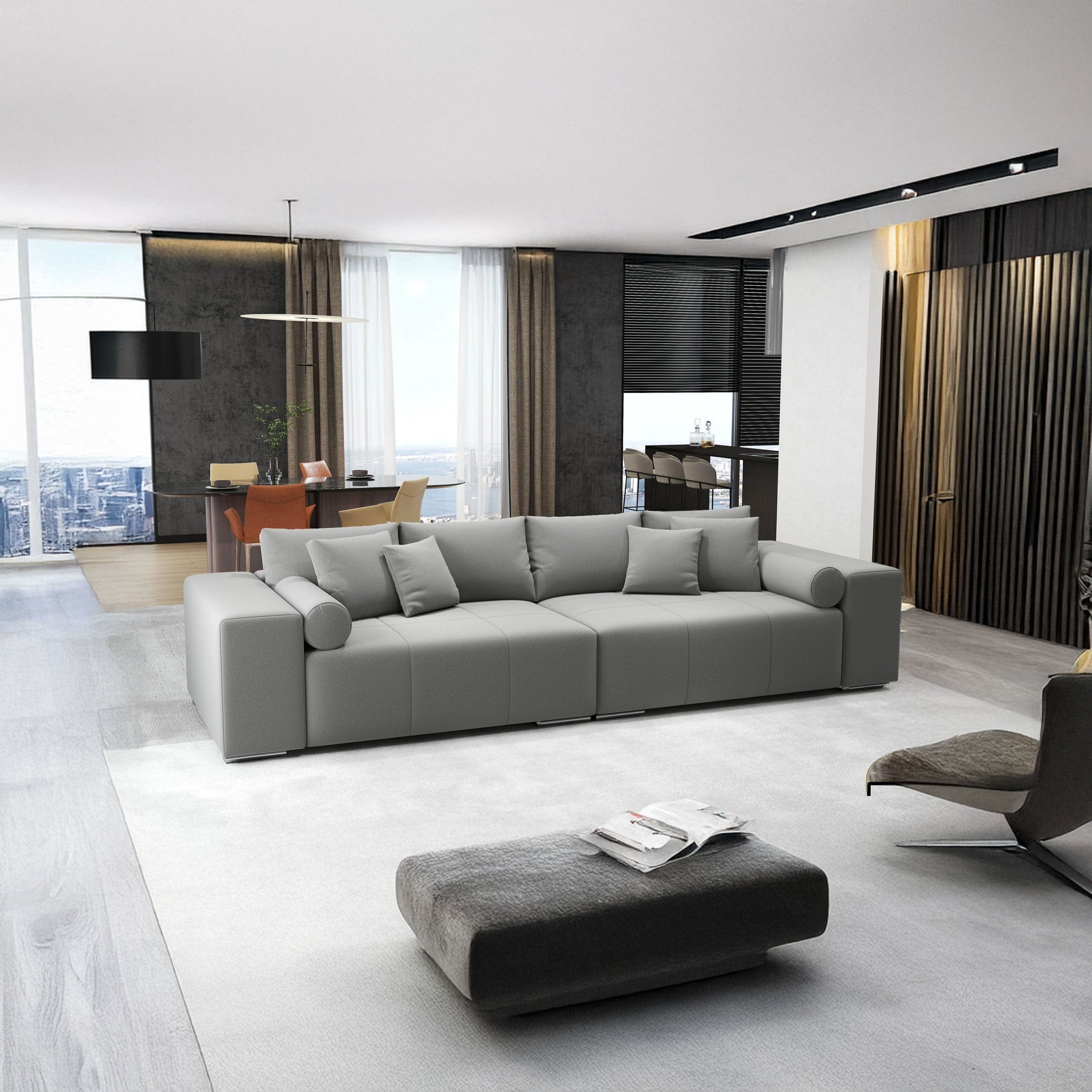 Canapea extensibilă dumonde cu ladă de depozitare si sezut confortabil din spuma high-density, Marbela Royal Gri XXL 295x100 cm