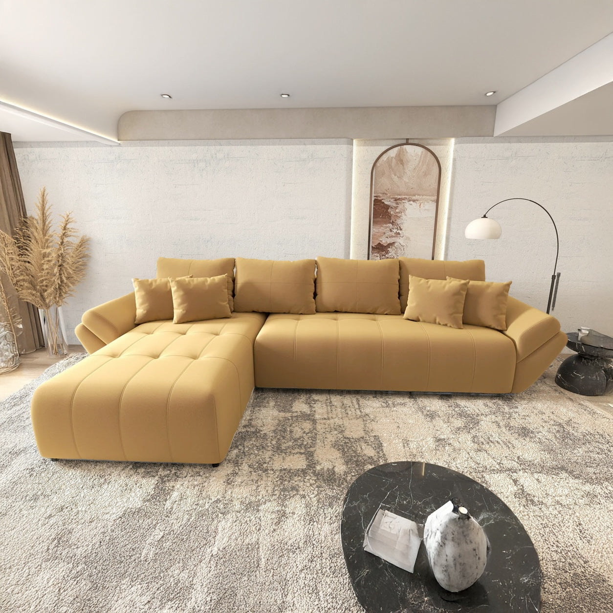 Colțar extensibil dumonde cu ladă de depozitare si sezut confortabil din spuma high-density, Berlin XL Royal Mustar 350x185 cm