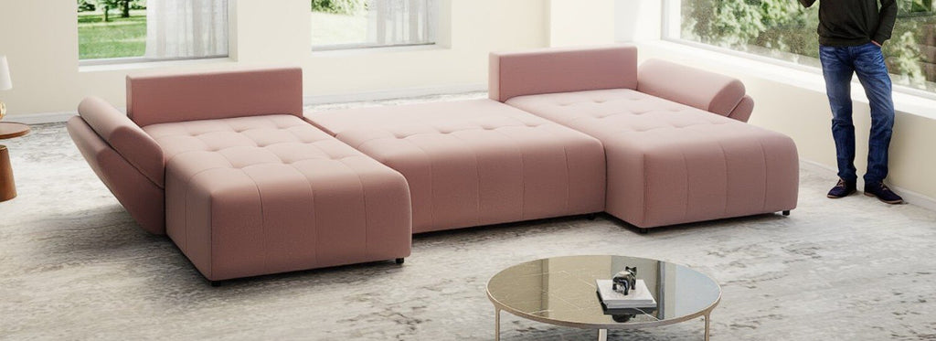 Colțar extensibil dumonde cu ladă de depozitare si sezut confortabil din spuma high-density, Berlin U Royal Roz 380x180 cm