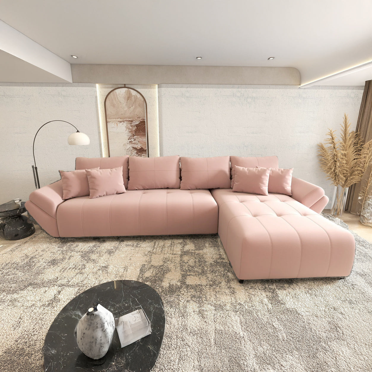 Colțar extensibil dumonde cu ladă de depozitare si sezut confortabil din spuma high-density, Berlin XL Royal Roz 350x185 cm II