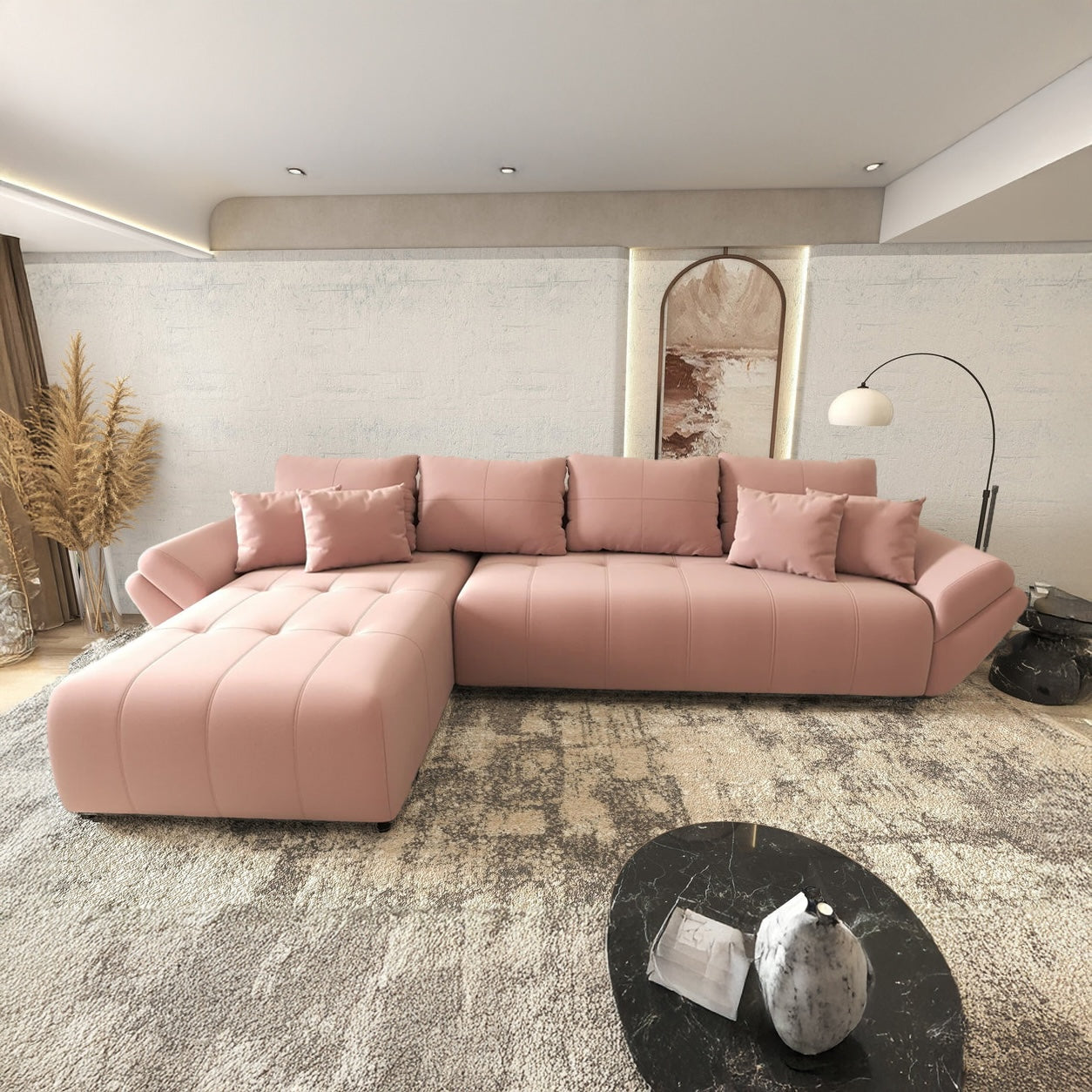 Colțar extensibil dumonde cu ladă de depozitare si sezut confortabil din spuma high-density, Berlin XL Royal Roz 350x185 cm