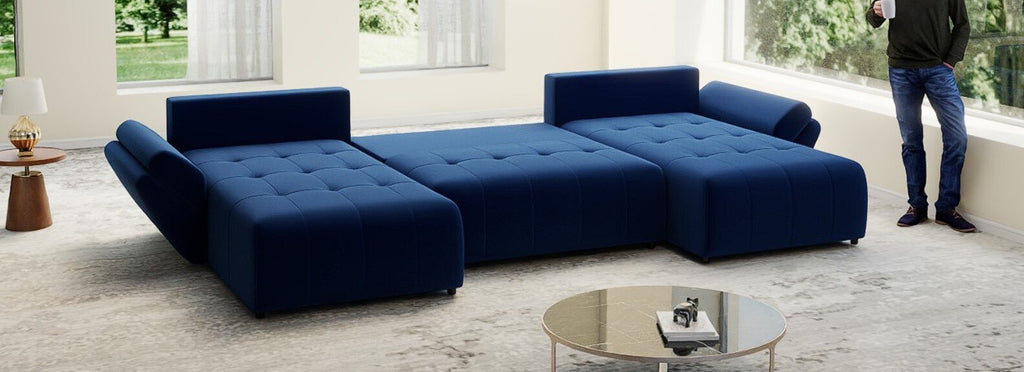 Colțar extensibil dumonde cu ladă de depozitare si sezut confortabil din spuma high-density, Berlin U Royal Blue 380x180 cm