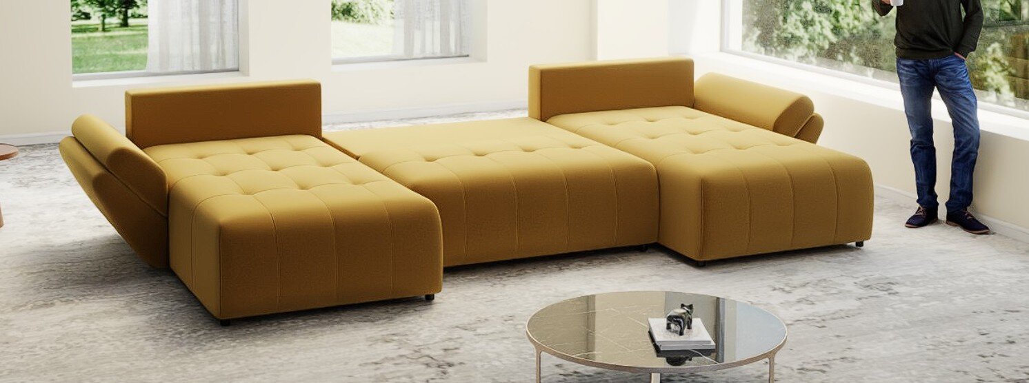 Colțar extensibil dumonde cu ladă de depozitare si sezut confortabil din spuma high-density, Berlin U Royal Mustar 380x180 cm