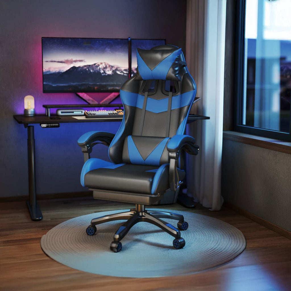 Scaun gaming Dumonde VALKYRIE, mecanism multifuncțional, ecopiele, suport picioare, albastru/negru