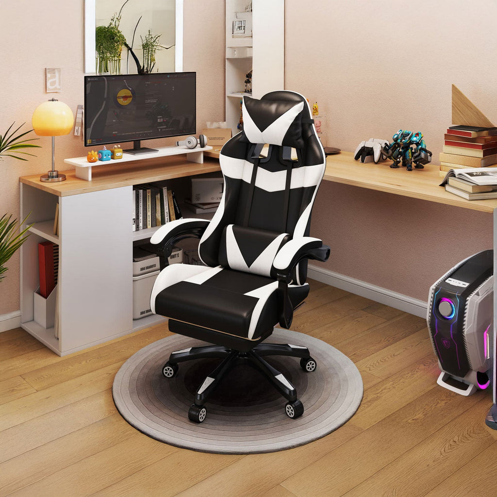Scaun gaming Dumonde HELLION, mecanism multifuncțional, ecopiele, suport picioare, alb/negru