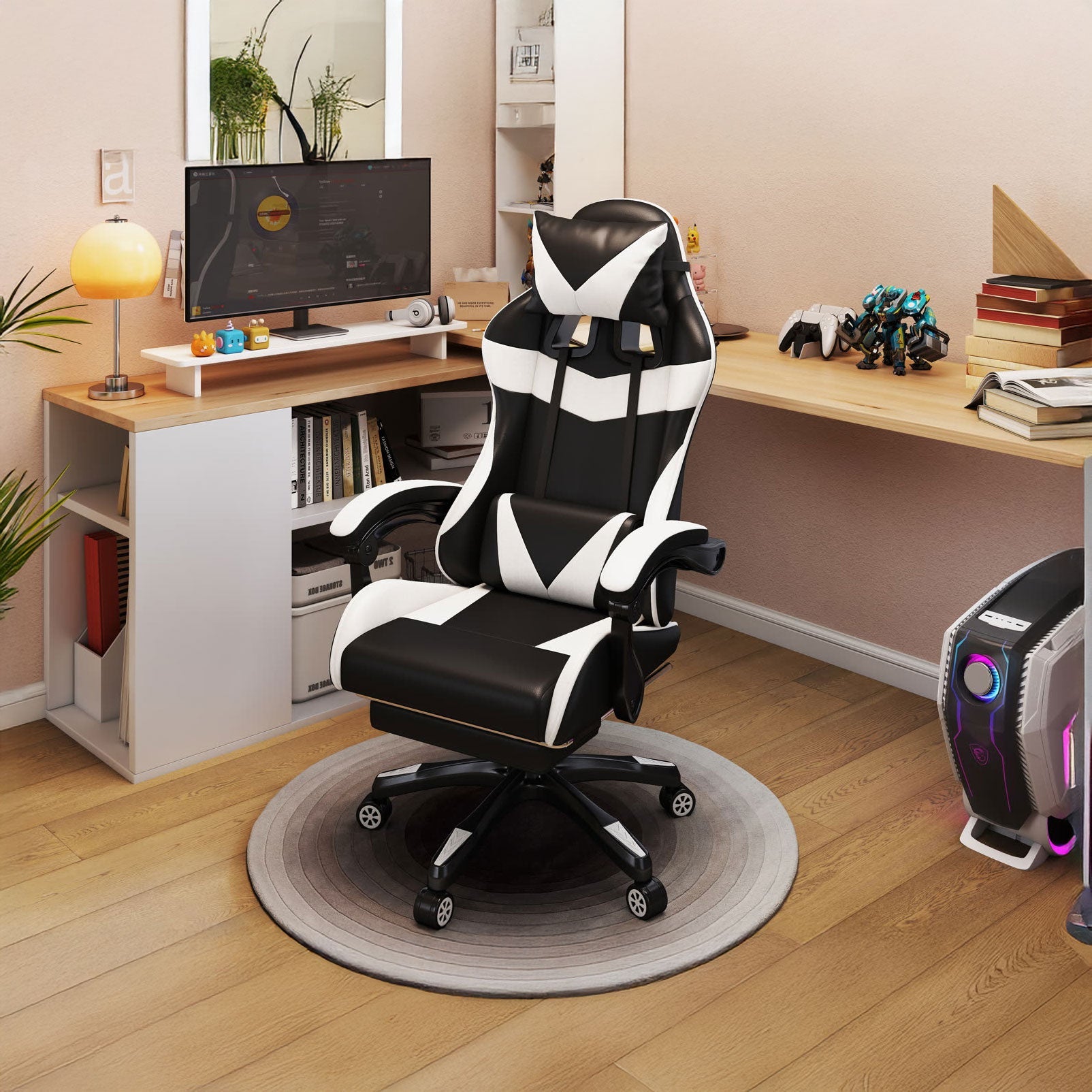 Scaun gaming Dumonde HELLION, mecanism multifuncțional, ecopiele, suport picioare, alb/negru