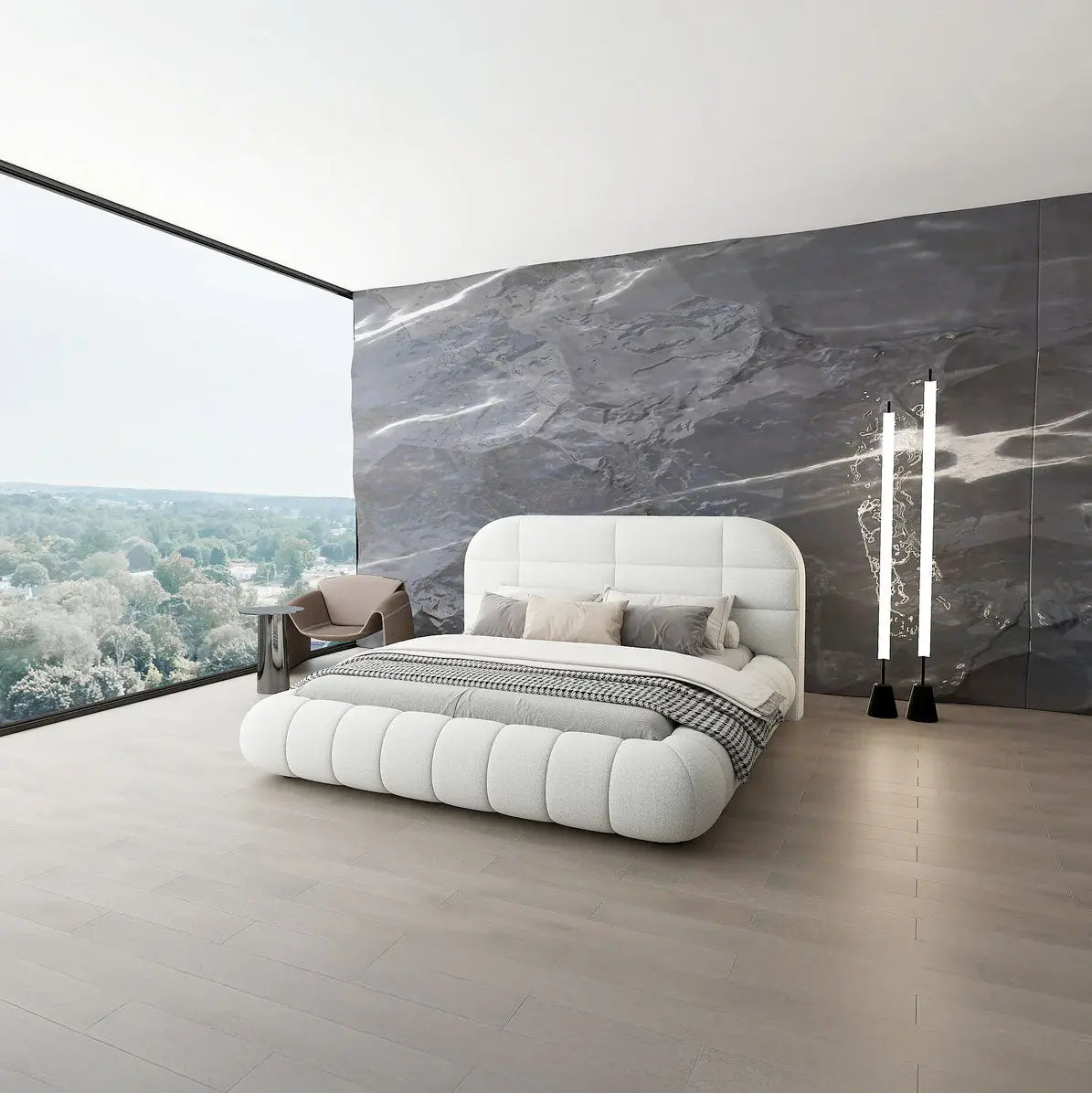 Pat dormitor dumonde, tapitat alb, Senso 160x200 cm, somiera rabatabila inclusa, spatiu depozitare