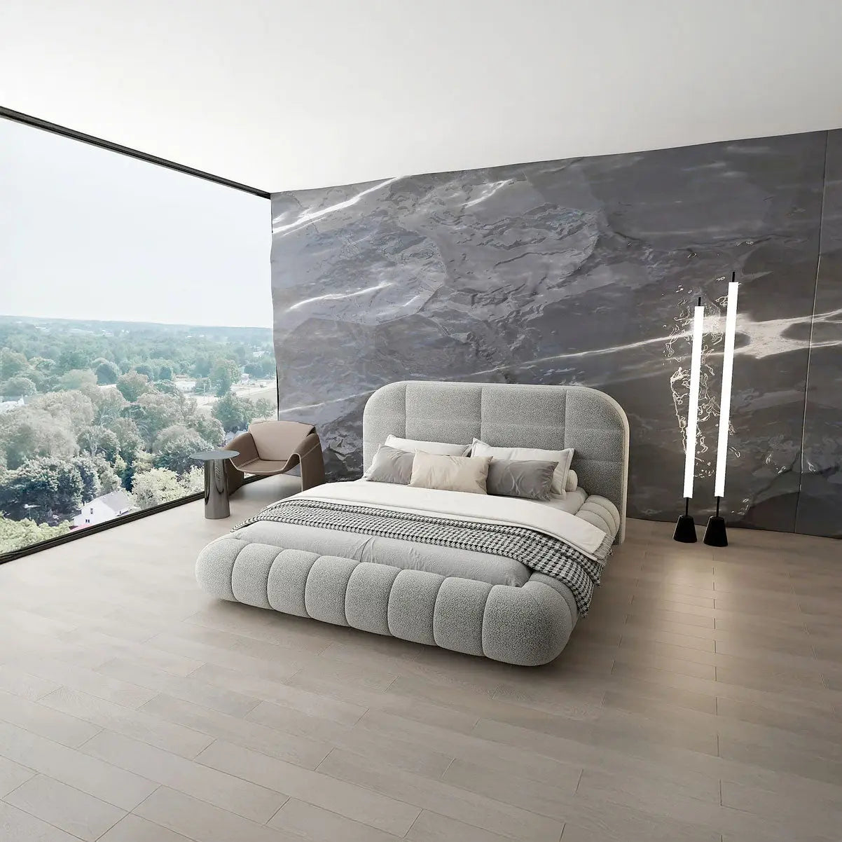 Pat dormitor dumonde, tapitat gri, Senso 160x200 cm, somiera rabatabila inclusa, spatiu depozitare