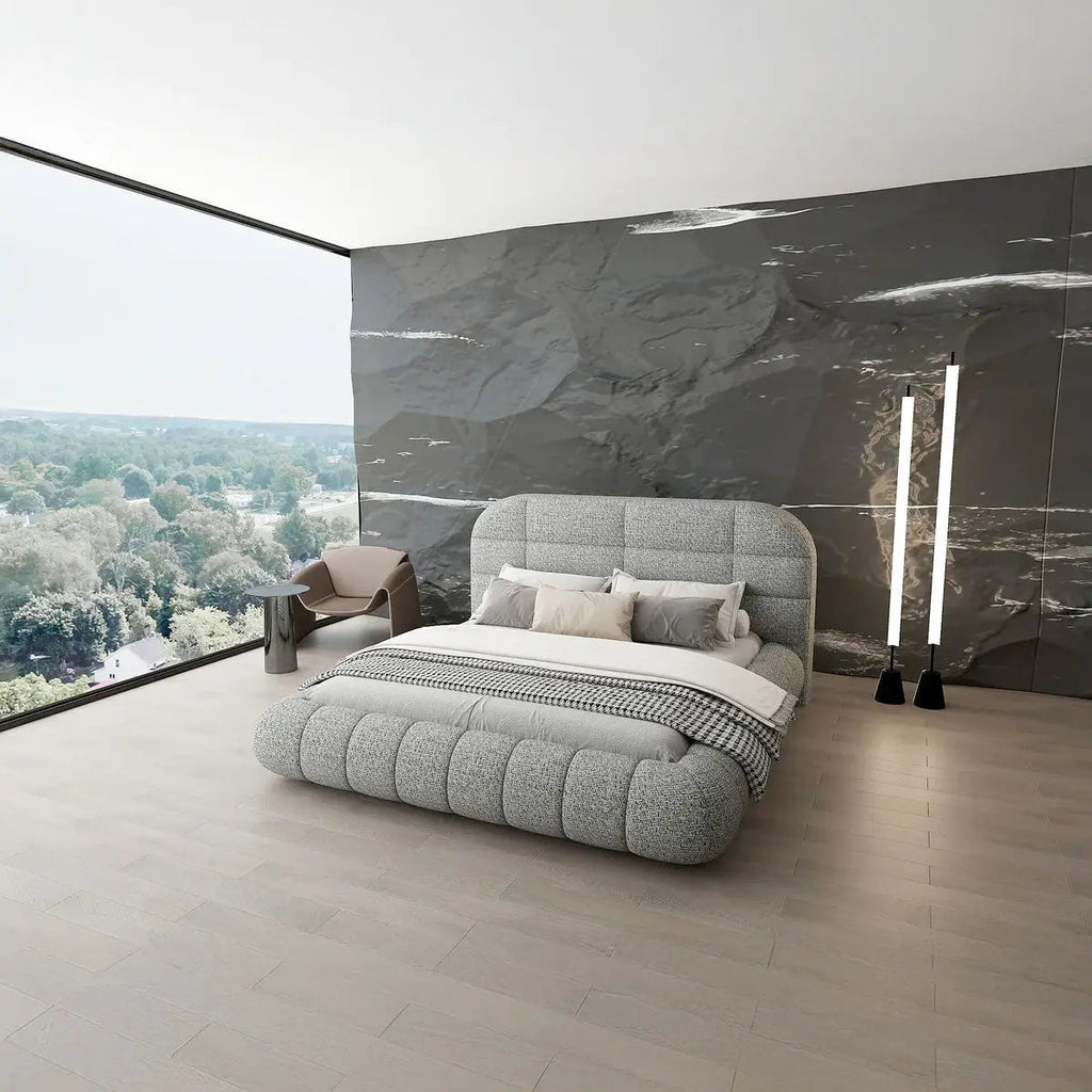 Pat dormitor dumonde, tapitat gri, Senso 180x200 cm, somiera rabatabila inclusa, spatiu depozitare