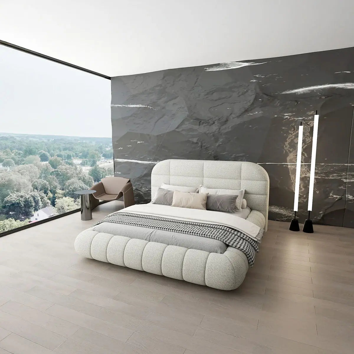 Pat dormitor dumonde, tapitat bej, Senso 180x200 cm, somiera rabatabila inclusa, spatiu depozitare