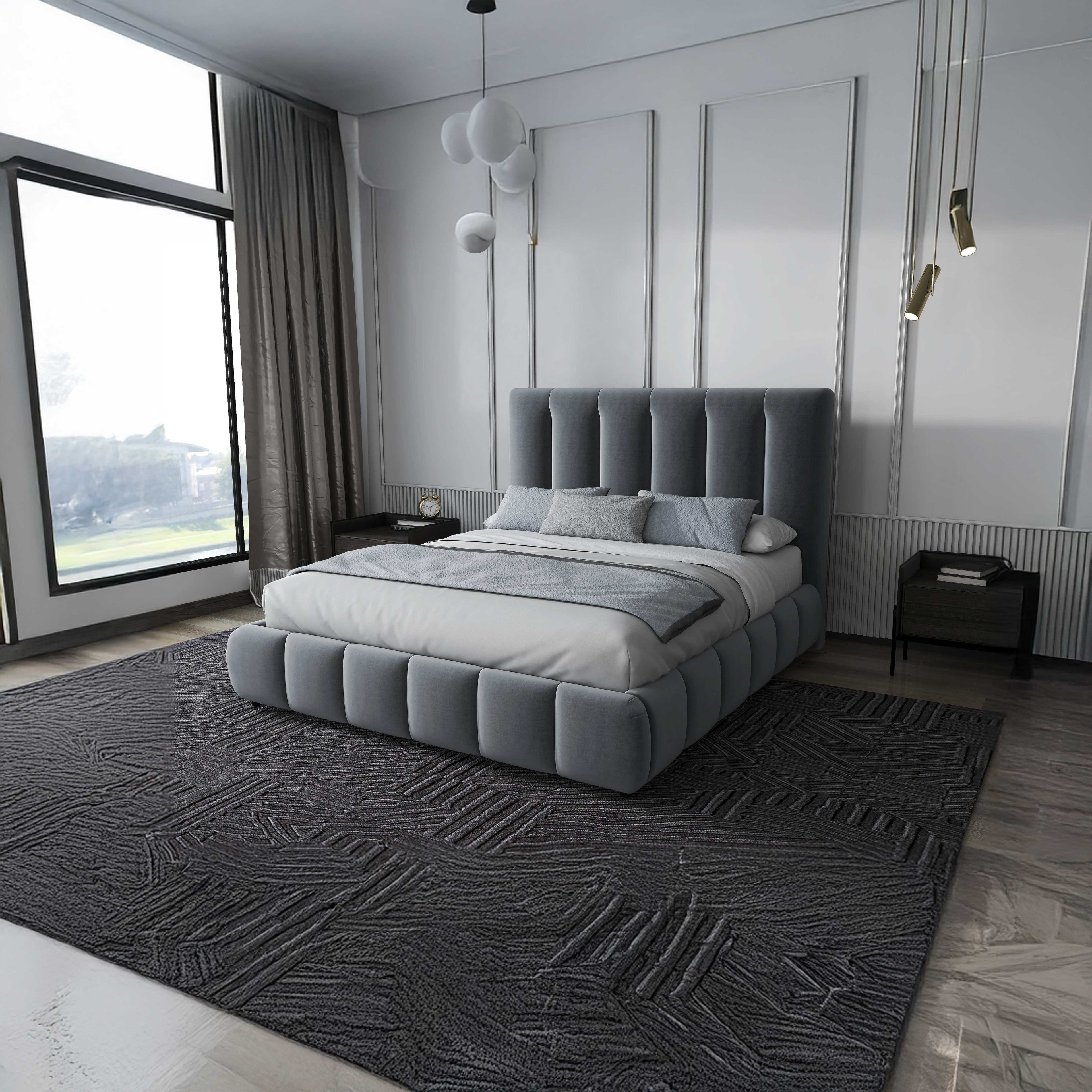 Pat dormitor dumonde, tapitat gri, Divaneo 180x200 cm, somiera rabatabila inclusa, spatiu depozitare
