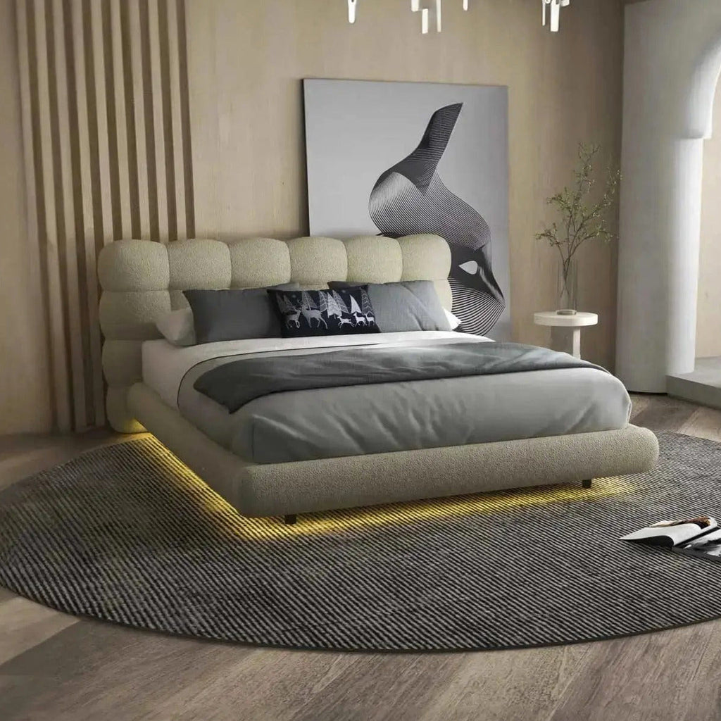 Pat dormitor dumonde, tapitat bej cu LED, "floating bed" Cloud 180x200 cm, somiera inclusa