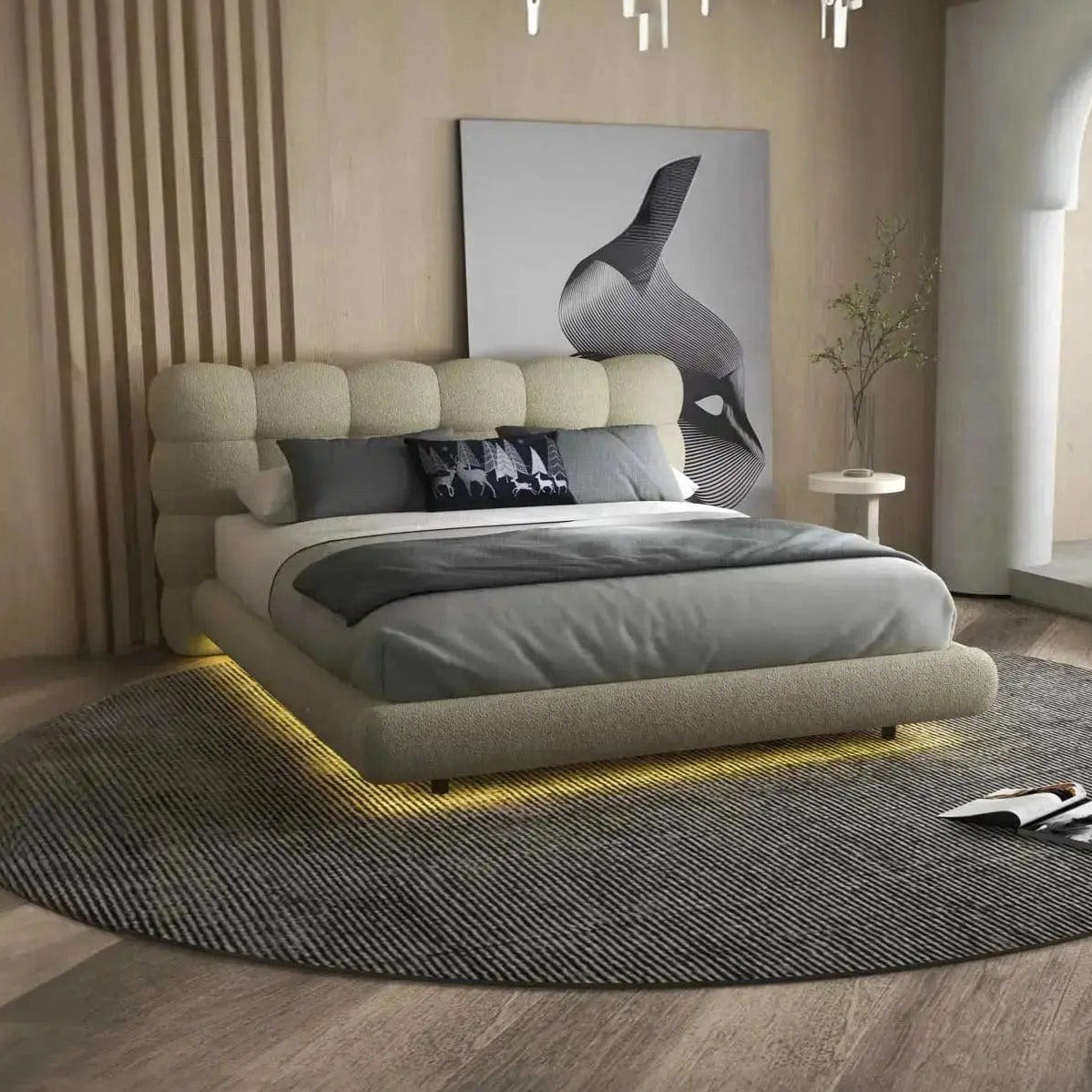 Pat dormitor dumonde, tapitat bej cu LED, "floating bed" Cloud 140x200 cm, somiera inclusa