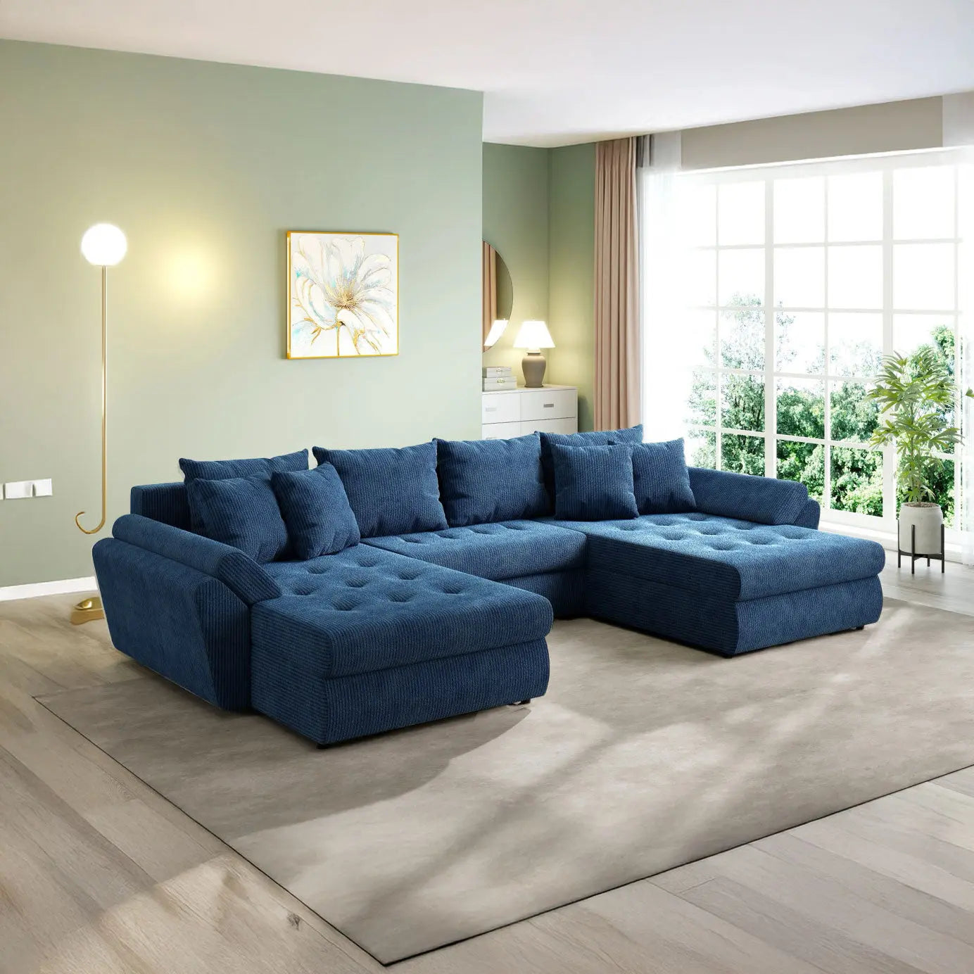 Colțar extensibil dumonde cu ladă de depozitare si sezut confortabil din spuma high-density, Loana U Zoom Blue 355x185 cm