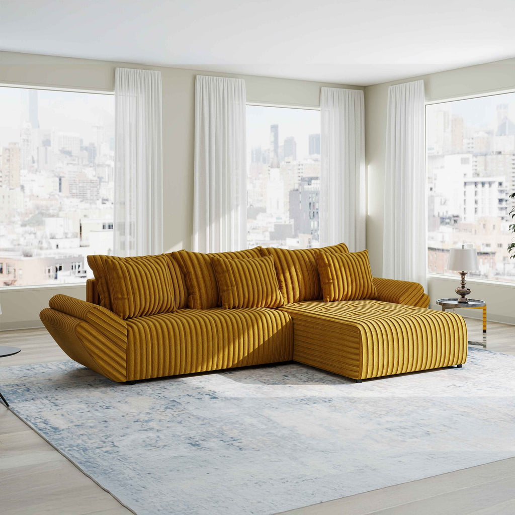 Colțar extensibil dumonde cu ladă de depozitare si sezut confortabil din spuma high-density, Berlin Ambience Mustar 280x185 cm II