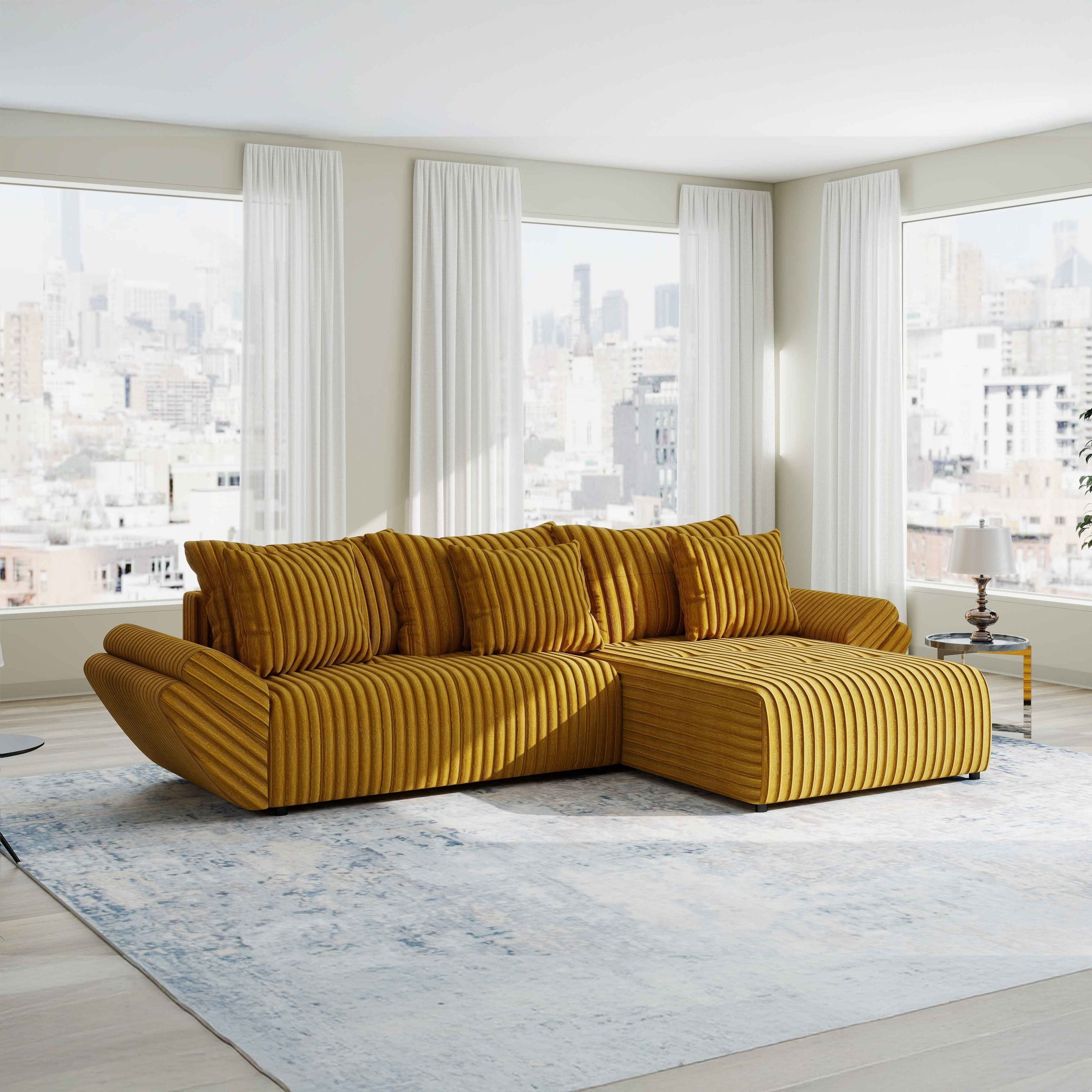 Colțar extensibil dumonde cu ladă de depozitare si sezut confortabil din spuma high-density, Berlin Ambience Mustar 280x185 cm II