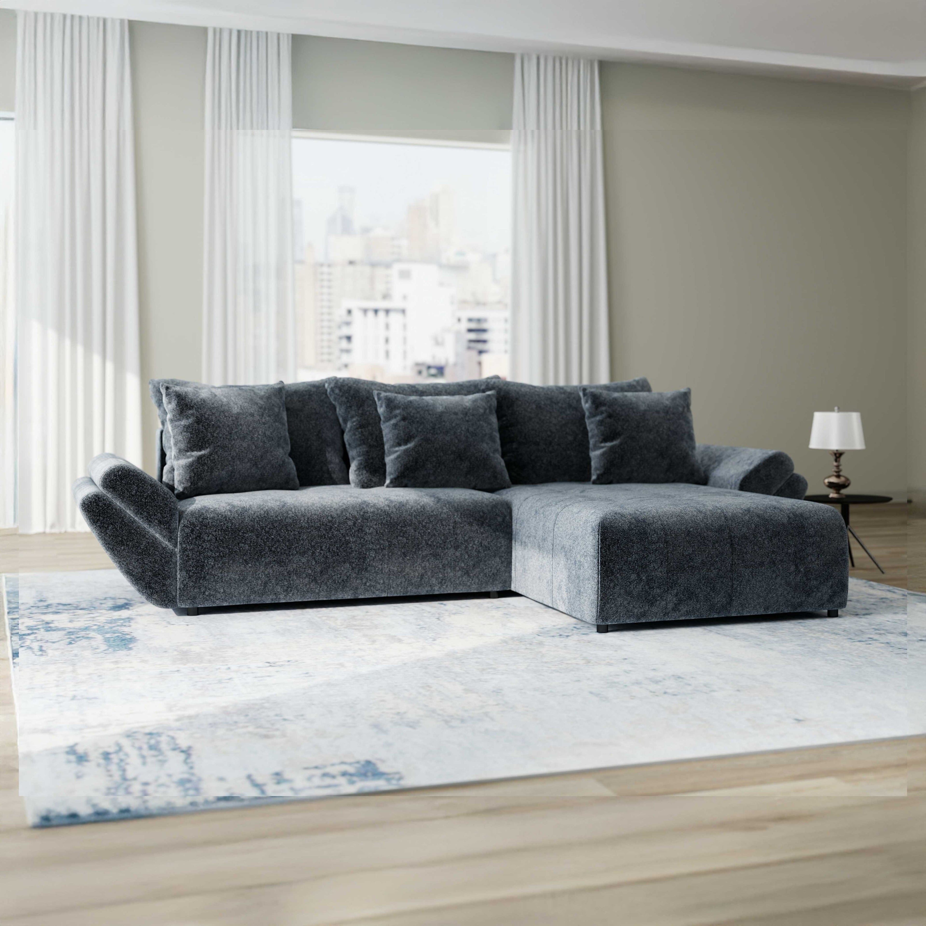 Colțar extensibil dumonde cu ladă de depozitare si sezut confortabil din spuma high-density, Berlin Euphoria Gri Grafit 280x185 cm II
