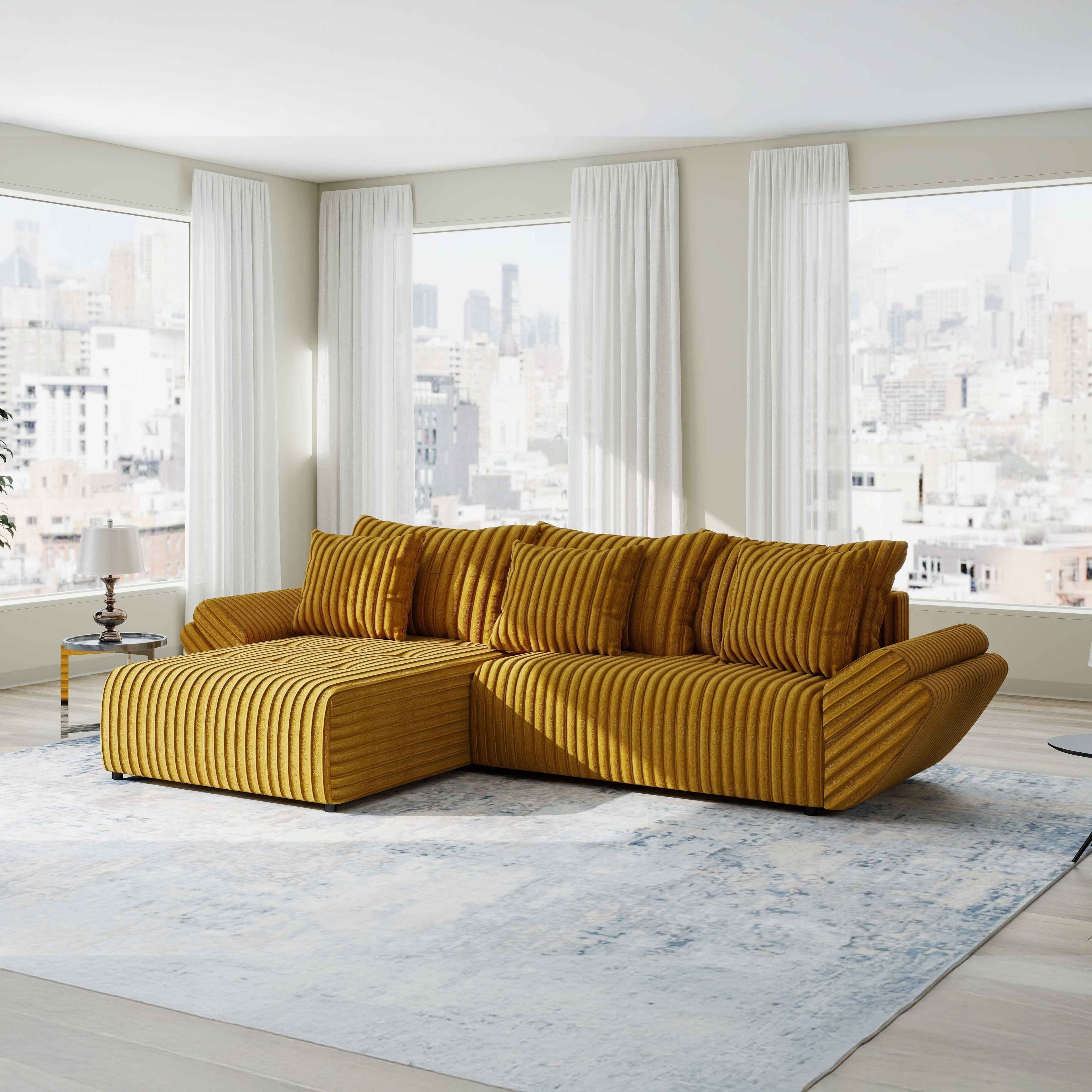 Colțar extensibil dumonde cu ladă de depozitare si sezut confortabil din spuma high-density, Berlin Ambience Mustar 280x185 cm