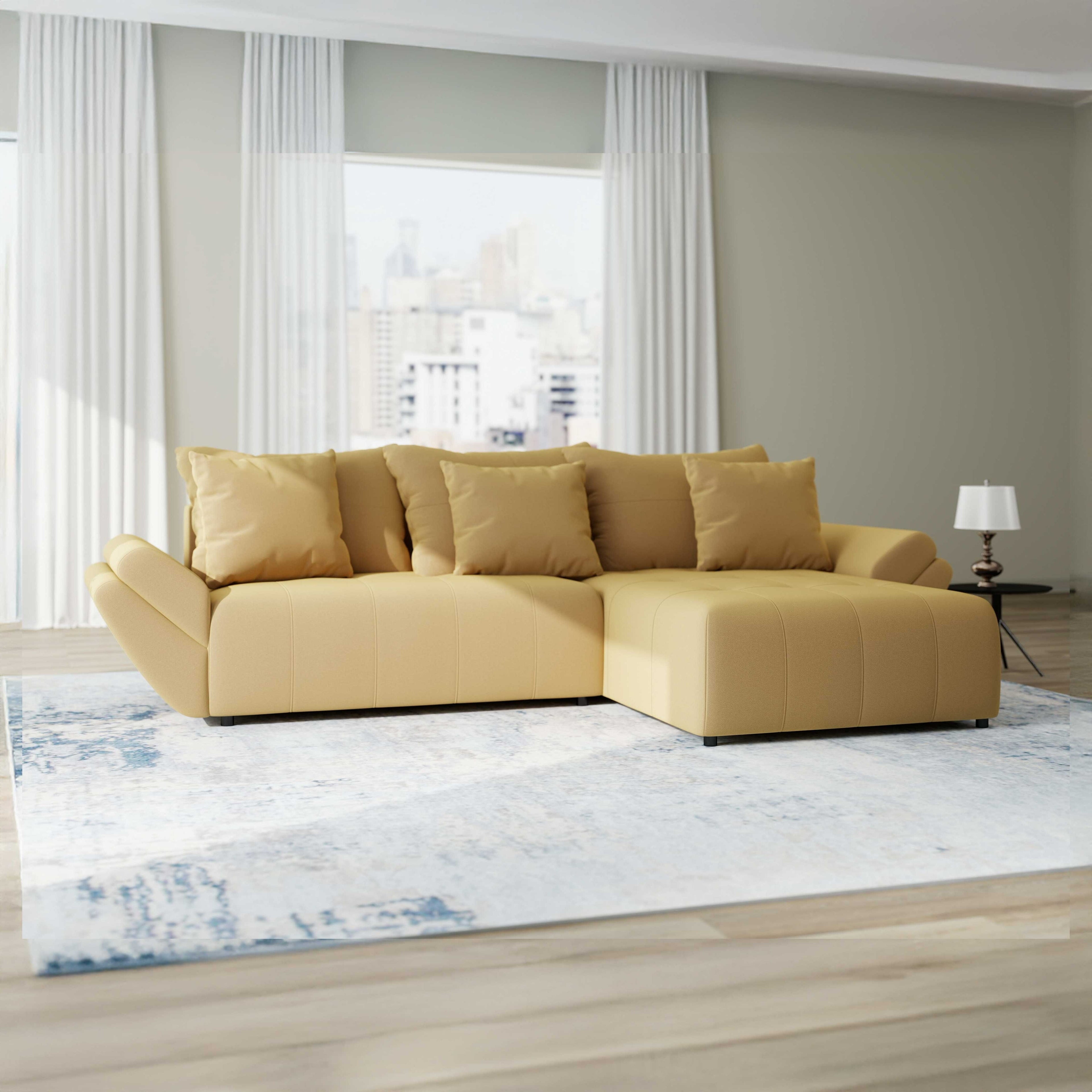 Colțar extensibil dumonde cu ladă de depozitare si sezut confortabil din spuma high-density, Berlin Royal Galben Mustar 280x185 cm II