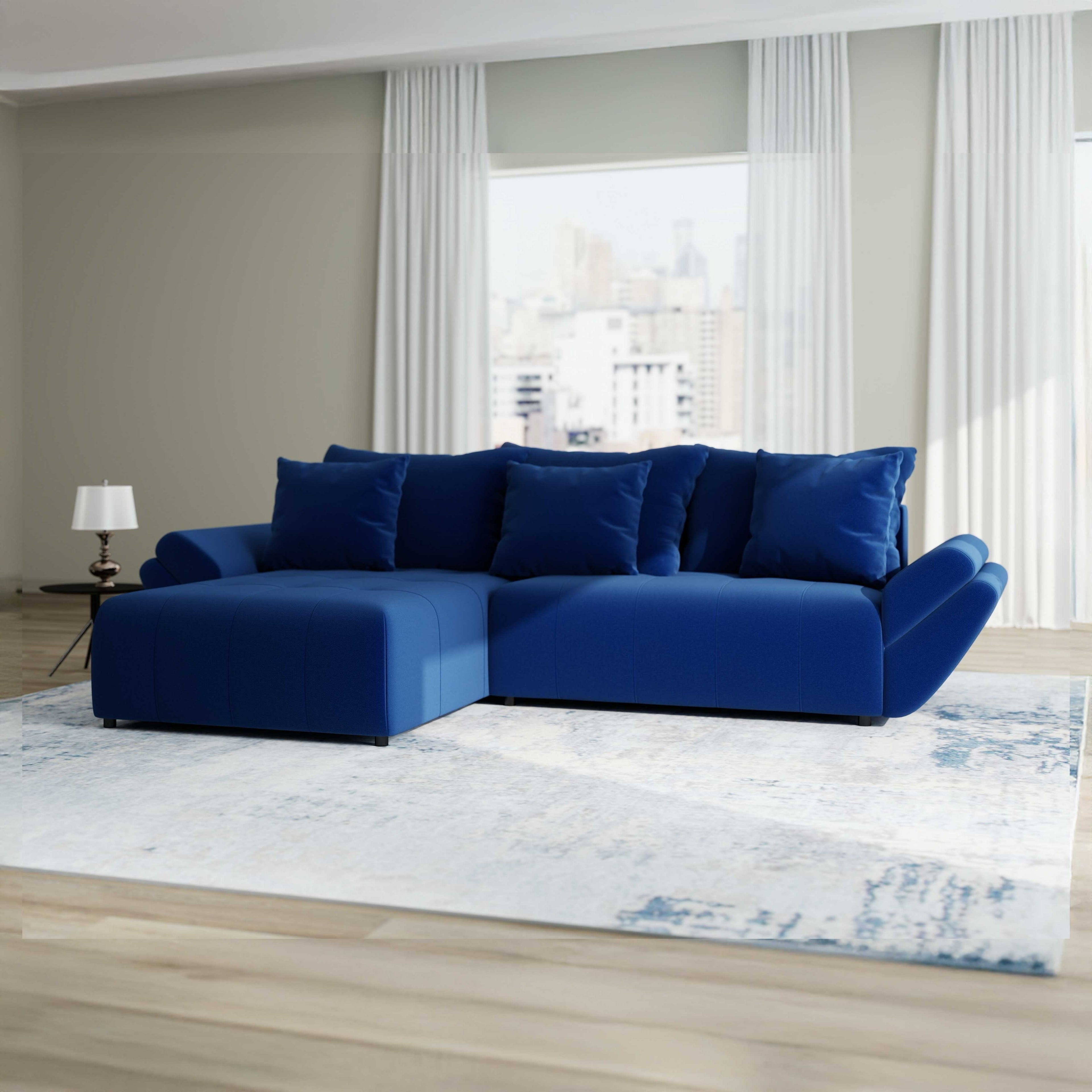 Colțar extensibil dumonde cu ladă de depozitare si sezut confortabil din spuma high-density, Berlin Royal Albastru Navy 280x185 cm