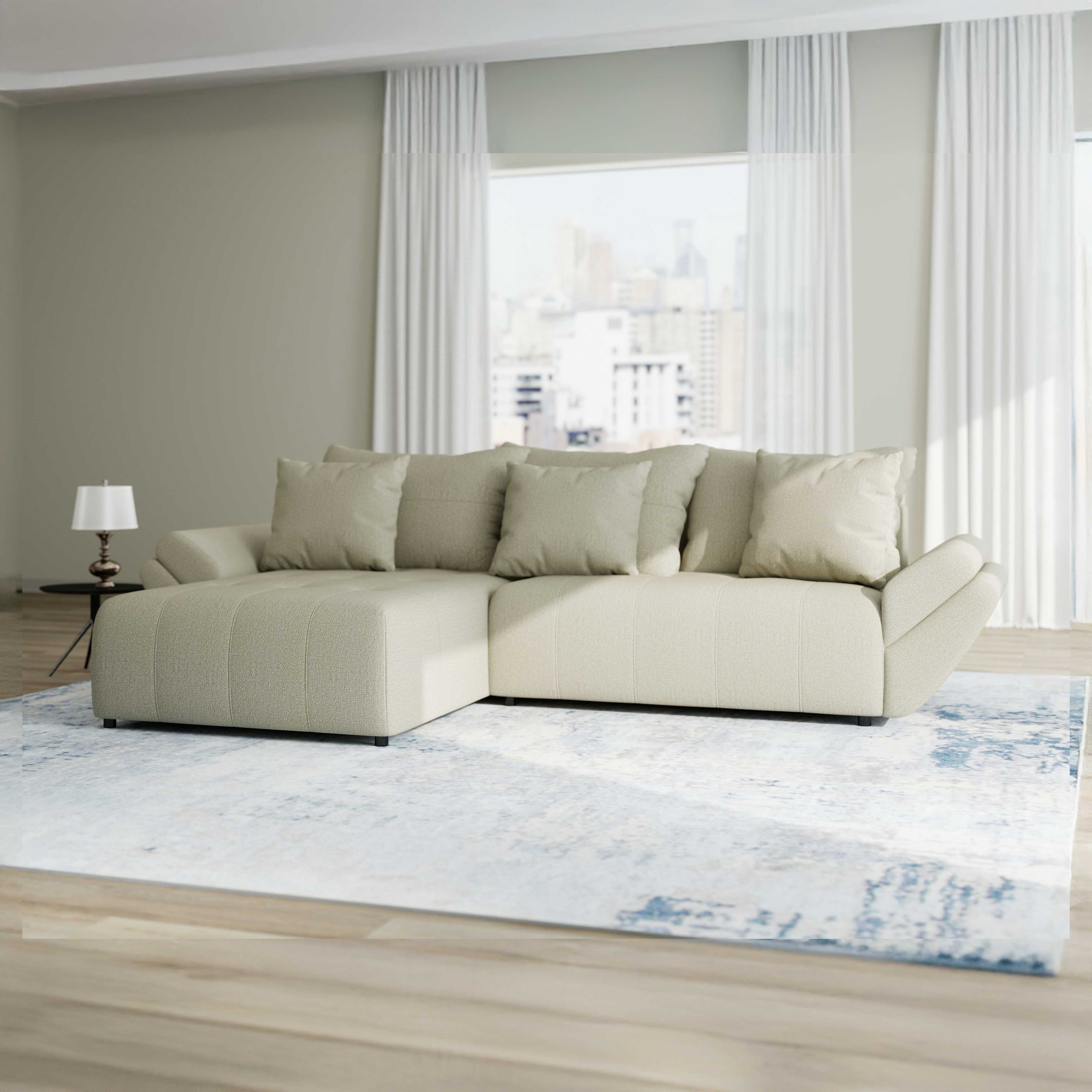 Colțar extensibil dumonde cu ladă de depozitare si sezut confortabil din spuma high-density, Berlin Enjoy Bej 280x185 cm