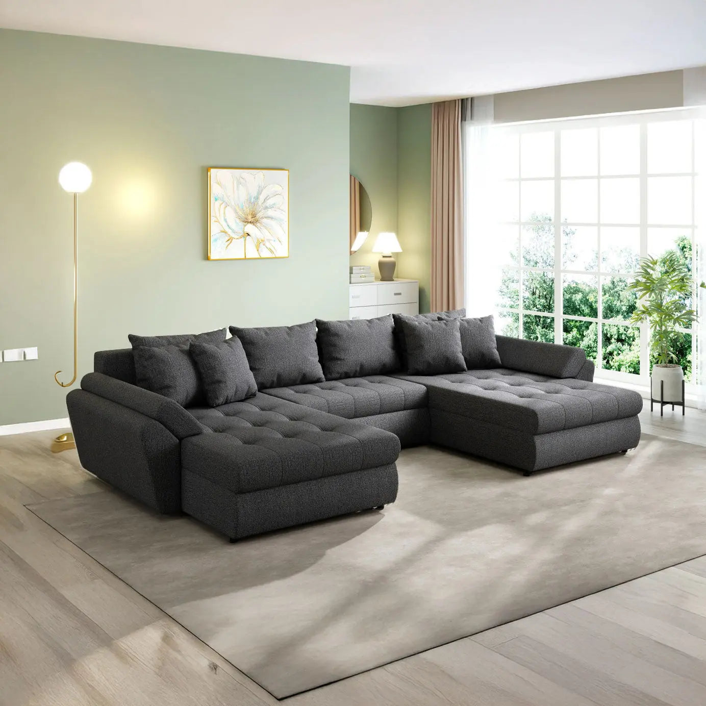 Colțar extensibil dumonde cu ladă de depozitare si sezut confortabil din spuma high-density, Loana U Enjoy Grafit 355x185 cm