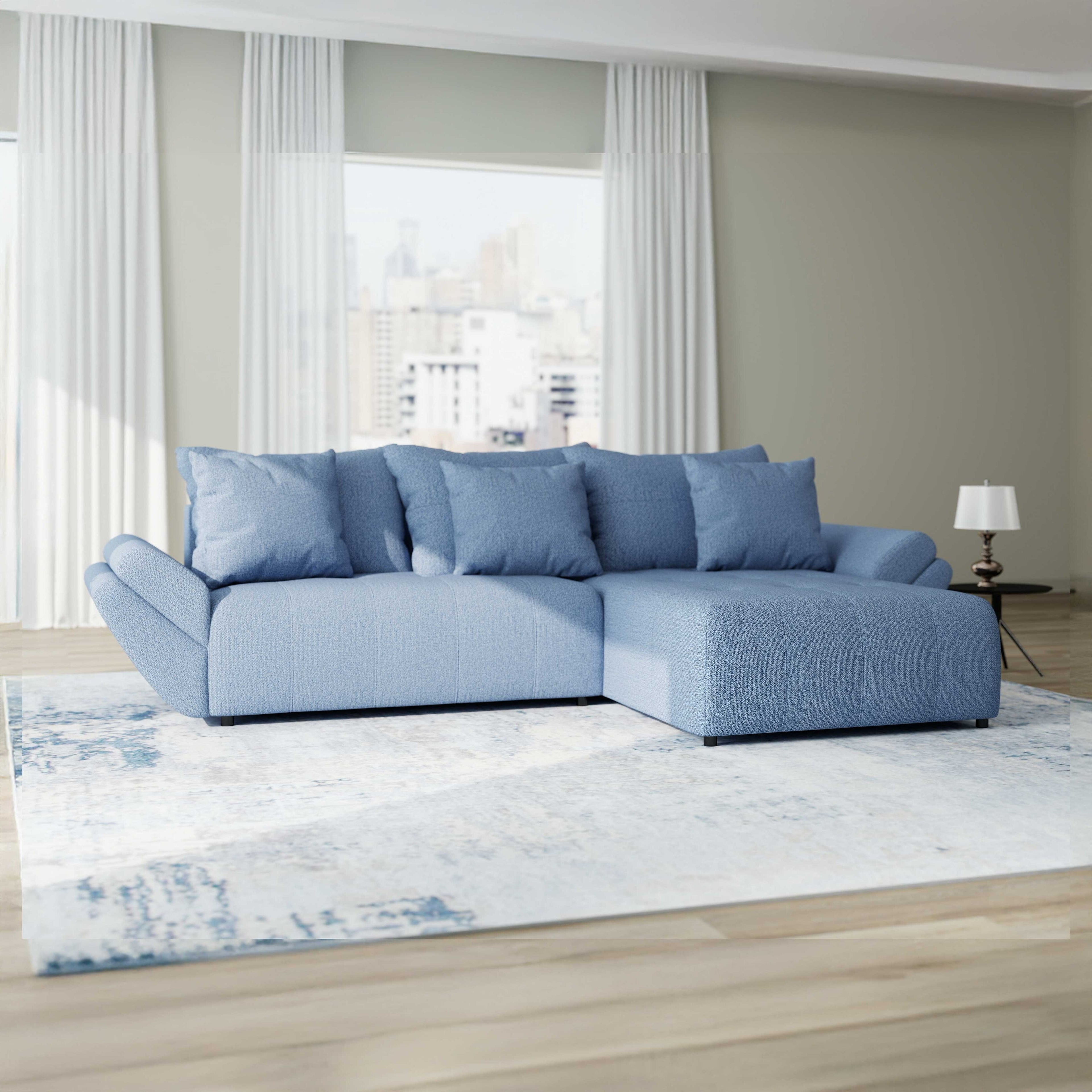 Colțar extensibil dumonde cu ladă de depozitare si sezut confortabil din spuma high-density, Berlin Enjoy Albastru 280x185 cm II