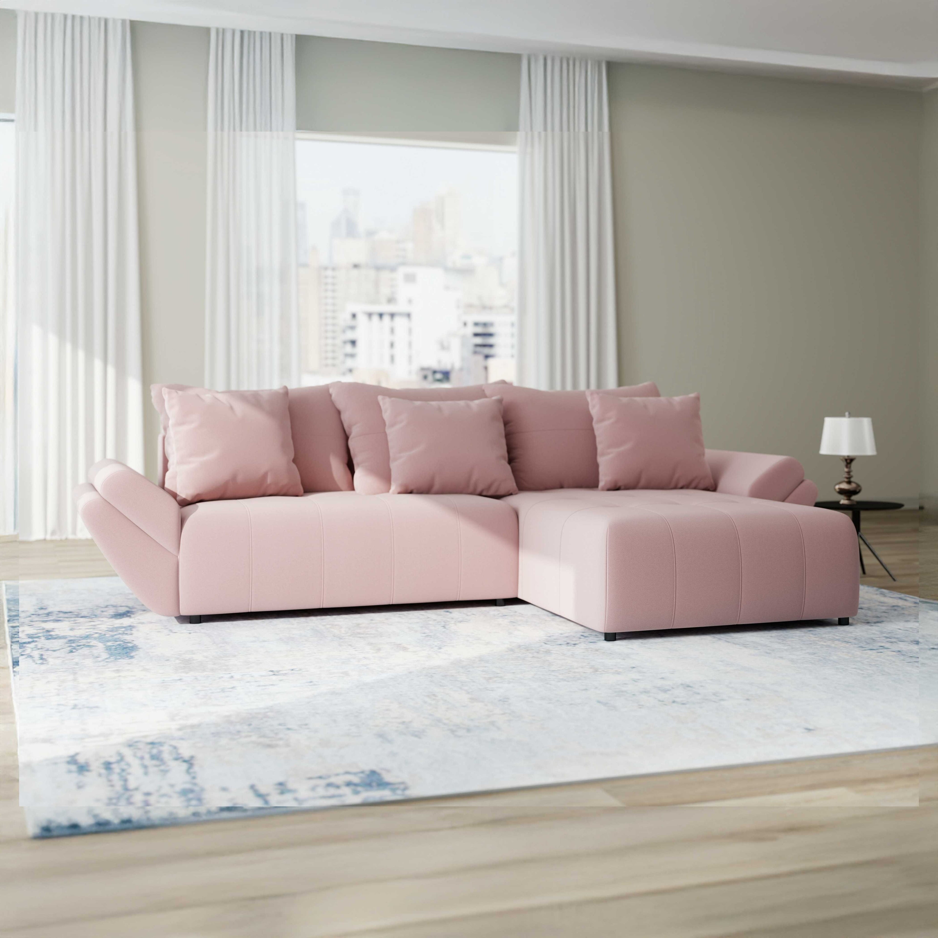 Colțar extensibil dumonde cu ladă de depozitare si sezut confortabil din spuma high-density, Berlin Royal Roz 280x185 cm II