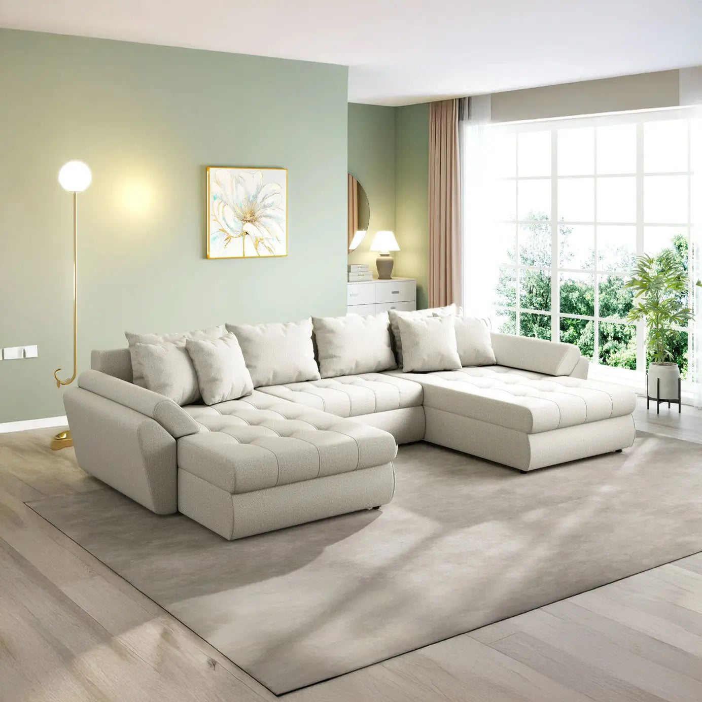 Colțar extensibil dumonde cu ladă de depozitare si sezut confortabil din spuma high-density, Loana U Enjoy Bej 355x185 cm